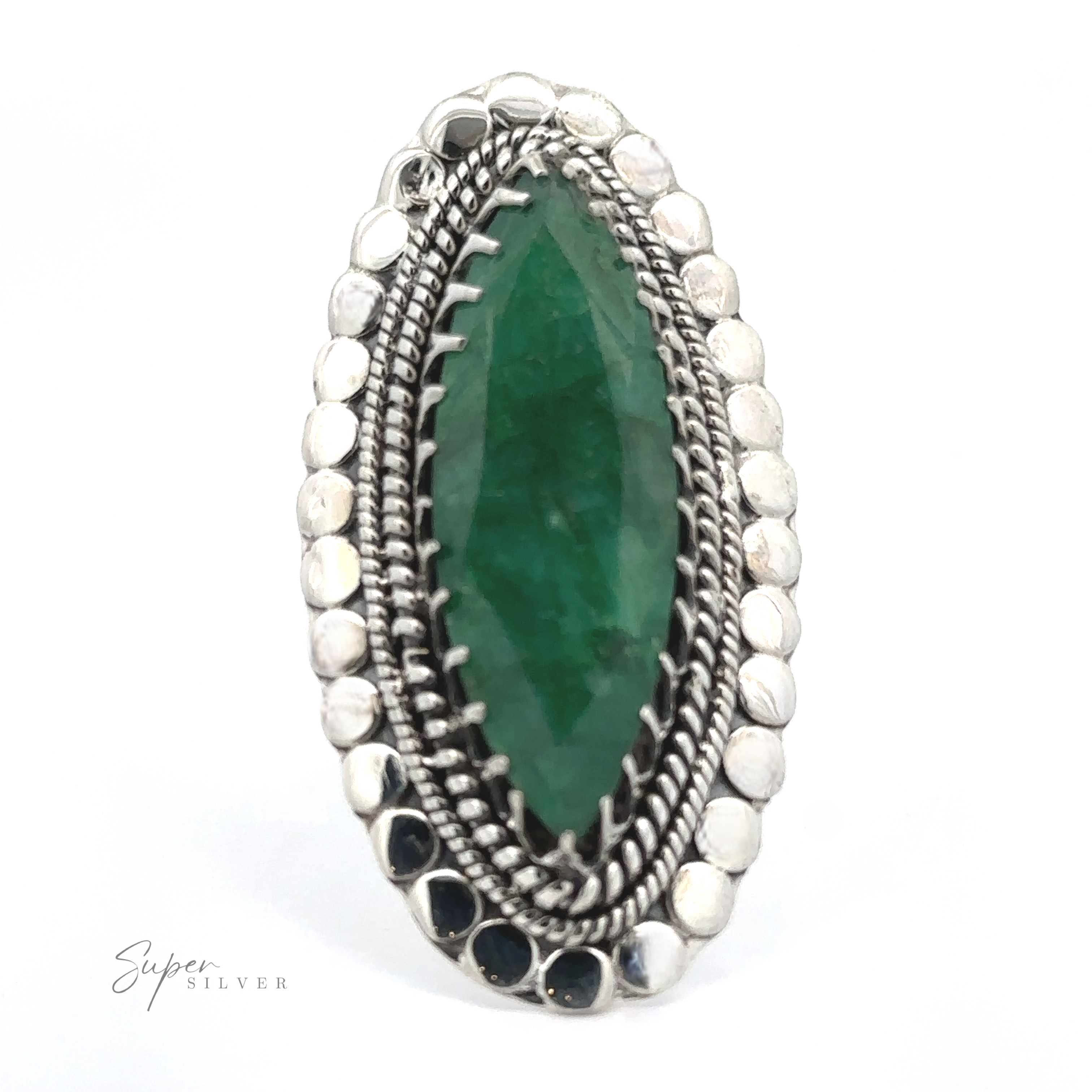 A Statement Marquise Shaped Gemstone Ring is shown against a white background. The design includes intricate silver detailing around the marquise-shaped gemstone, evoking a touch of Bohemian jewelry elegance.