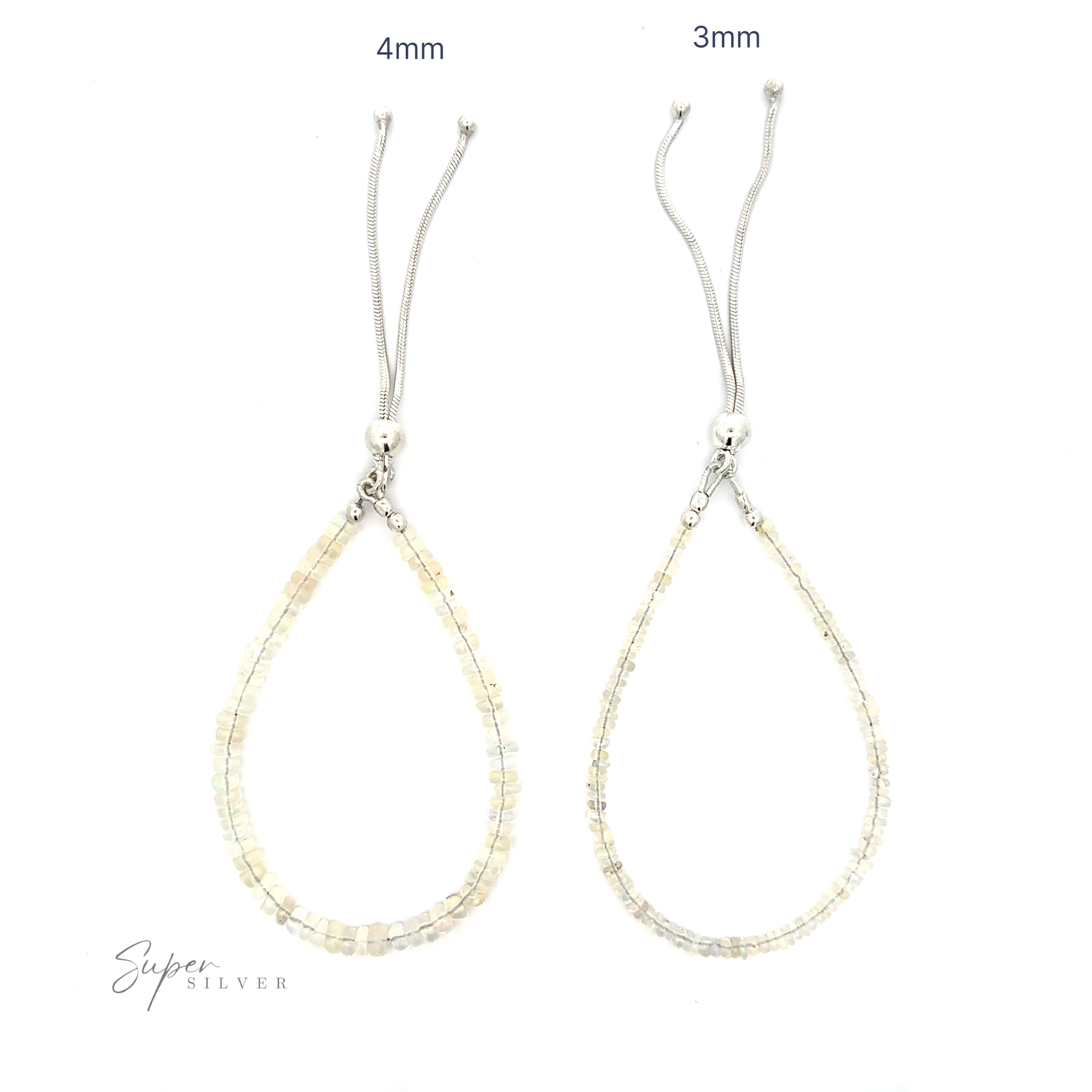 Two silver adjustable beaded bracelets are displayed side by side, each with a different bead size. The left one has 4mm beads, and the right one has 3mm beads. Featuring adjustable length closures for a perfect fit, these Ethiopian Opal Beaded Bracelets showcase the elegance of the Super Silver brand.