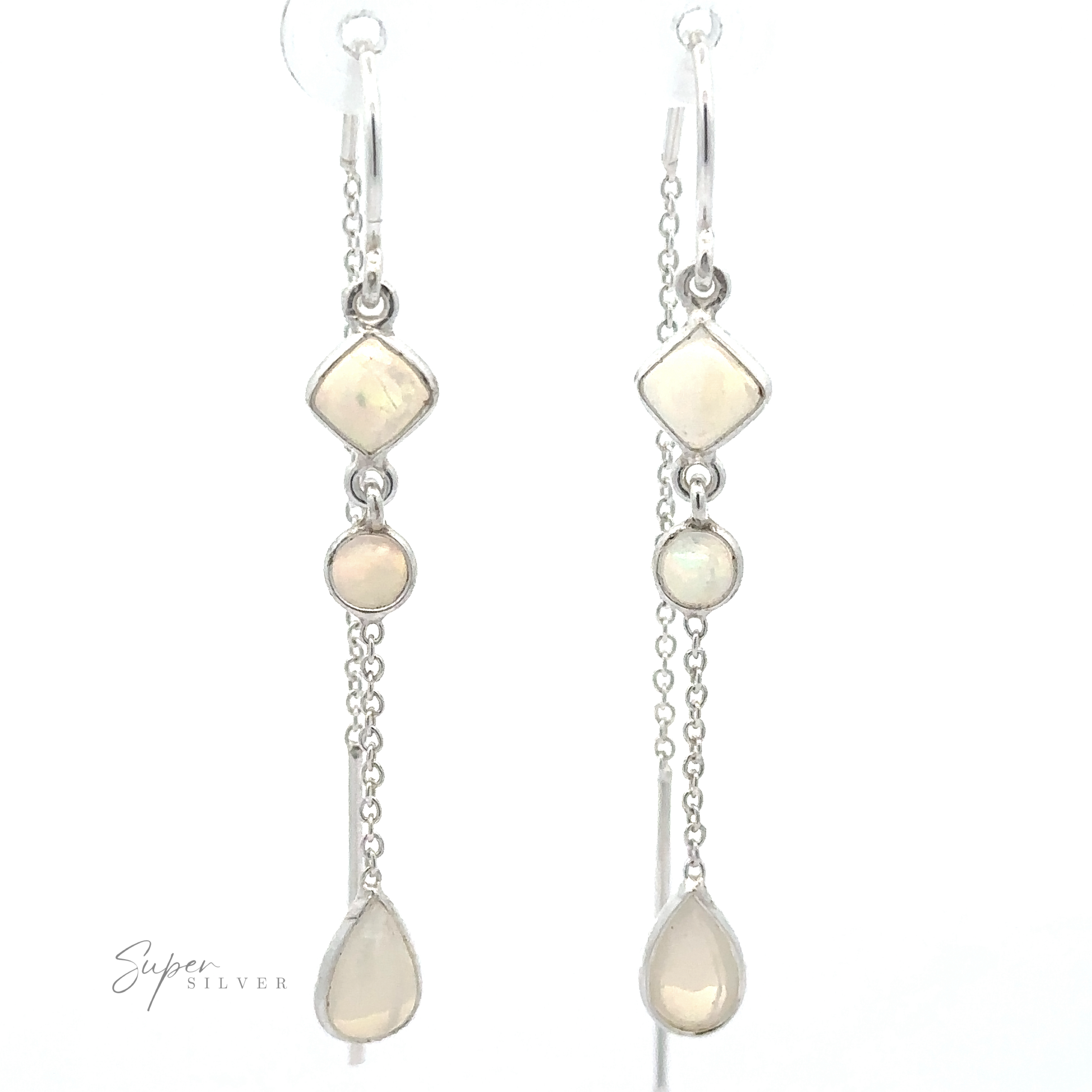 A pair of stunning Ethiopian Opal Threader Earrings in sterling silver, featuring opal stones in square, round, and teardrop shapes with a chain threader design.