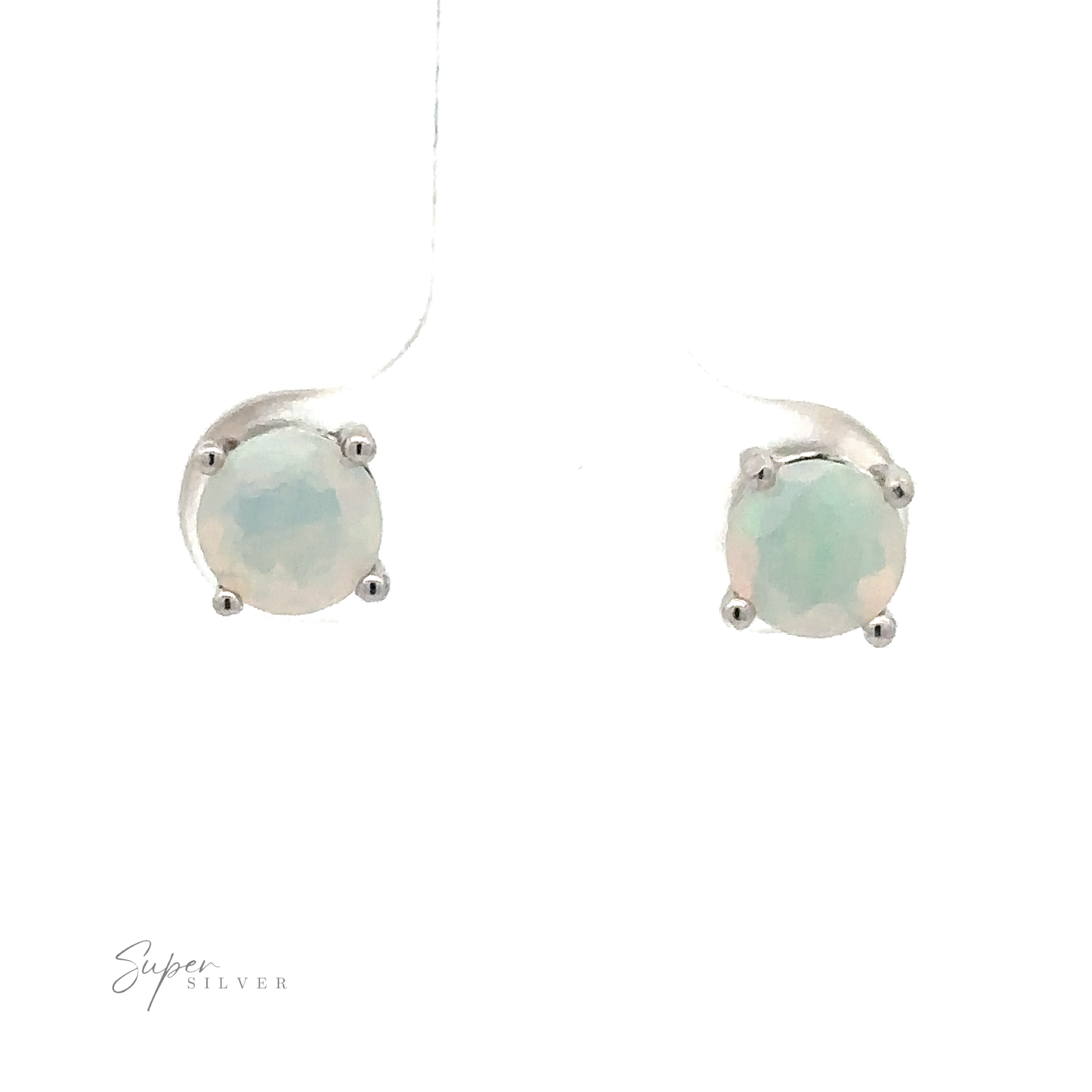 Round Ethiopian Opal Studs feature 6mm opals set in sterling silver with four prongs, shown on a white background. The "Super Silver" logo appears in the lower left corner.