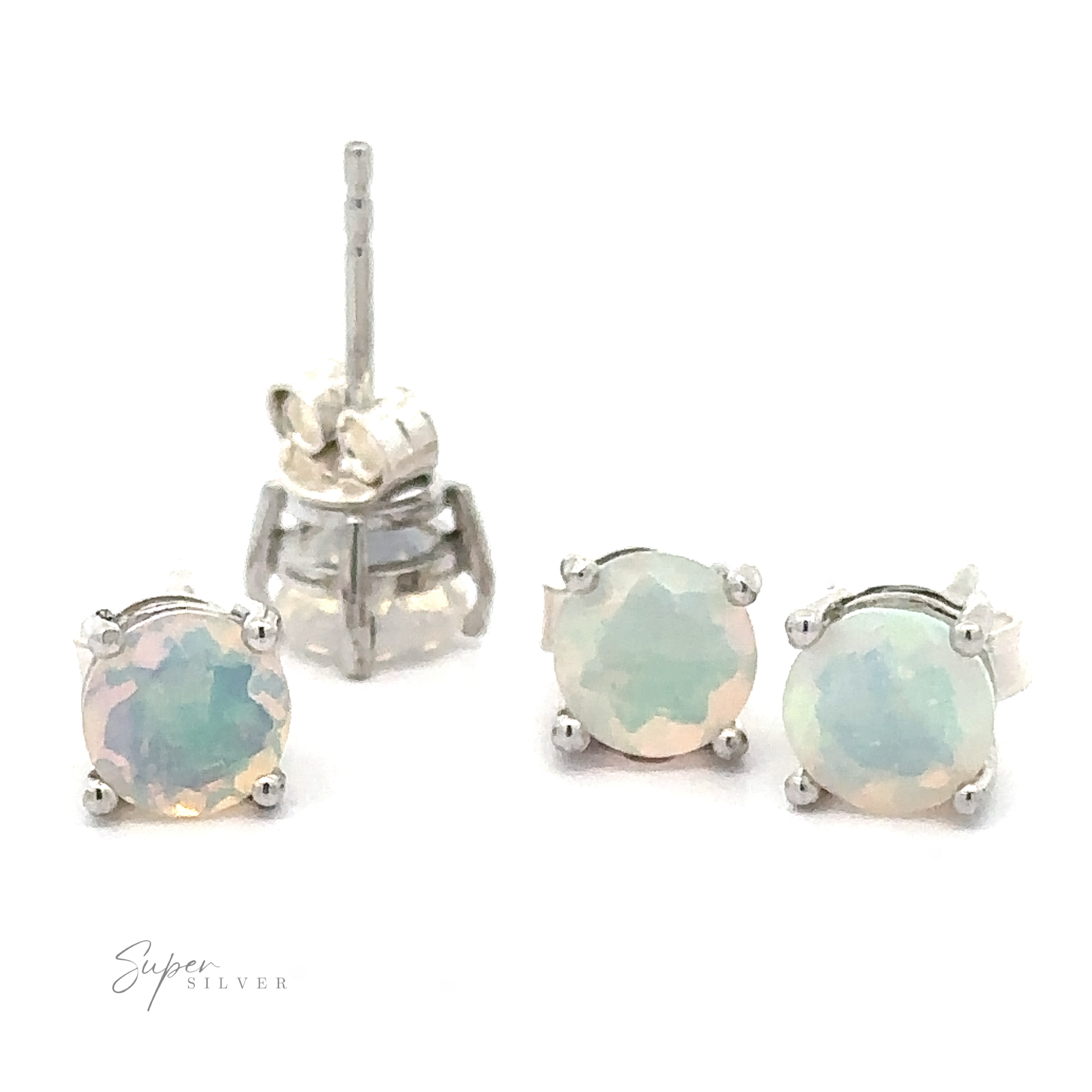 Round Ethiopian Opal Studs are shown on a white background with silver prong settings. One earring displays the post and back, and "Super Silver" text appears in the lower left. These eye-catching 6mm studs are crafted in sterling silver.