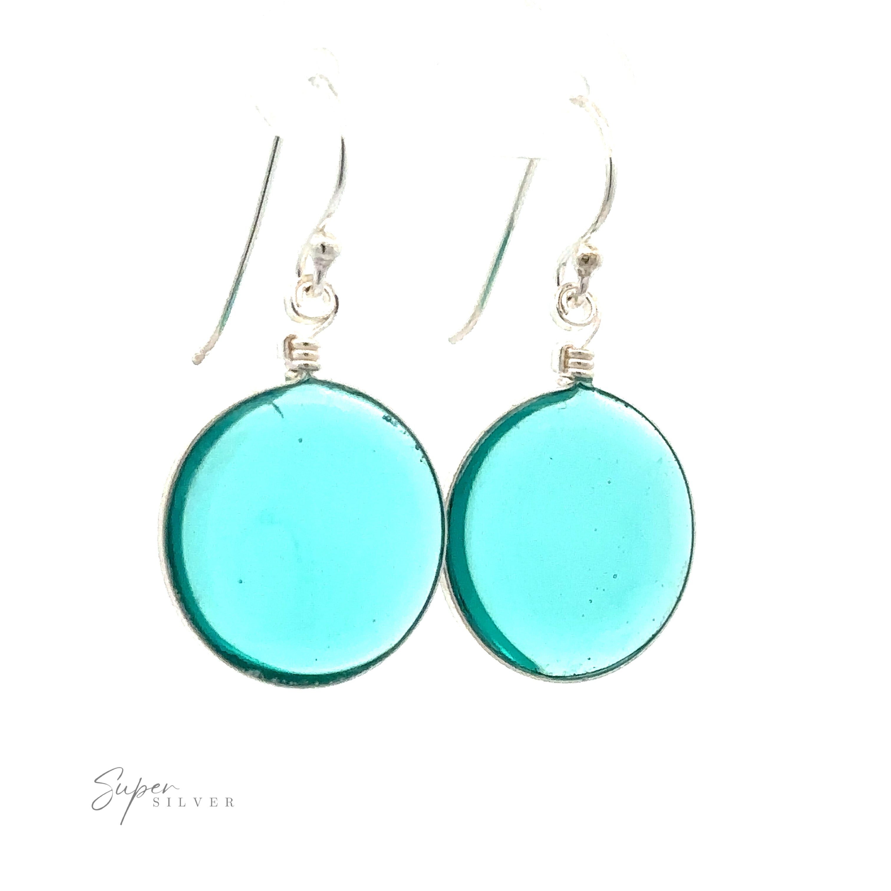 A simple set of Round Glass Earrings featuring round, turquoise-colored glass pendants. The logo "Super Silver" is displayed in the bottom left corner.