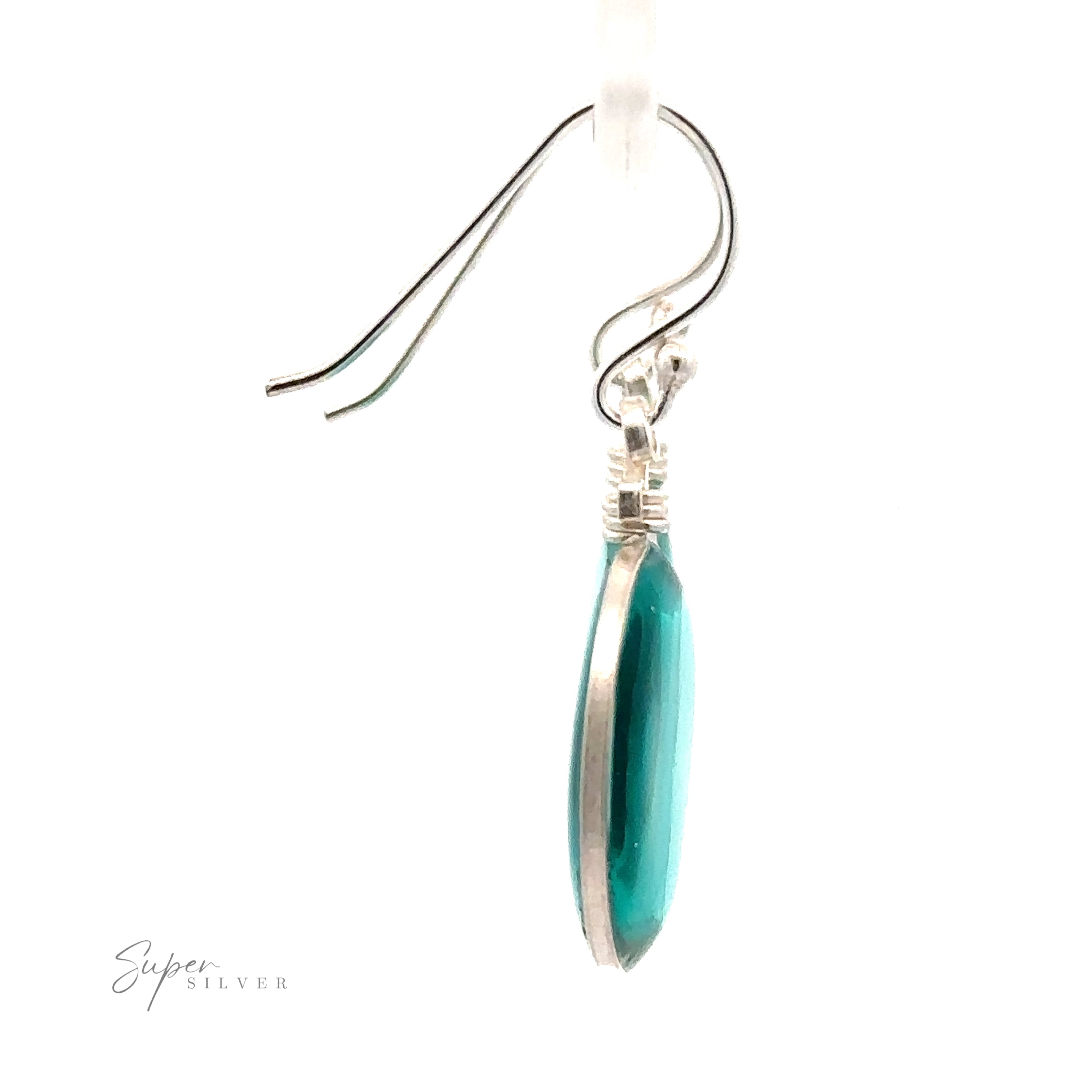 Close-up of a silver and turquoise drop earring with a polished turquoise stone, hanging on a thin metal hook. The words "Round Glass Earrings" are visible in the lower left corner, highlighting the .925 Sterling Silver setting.