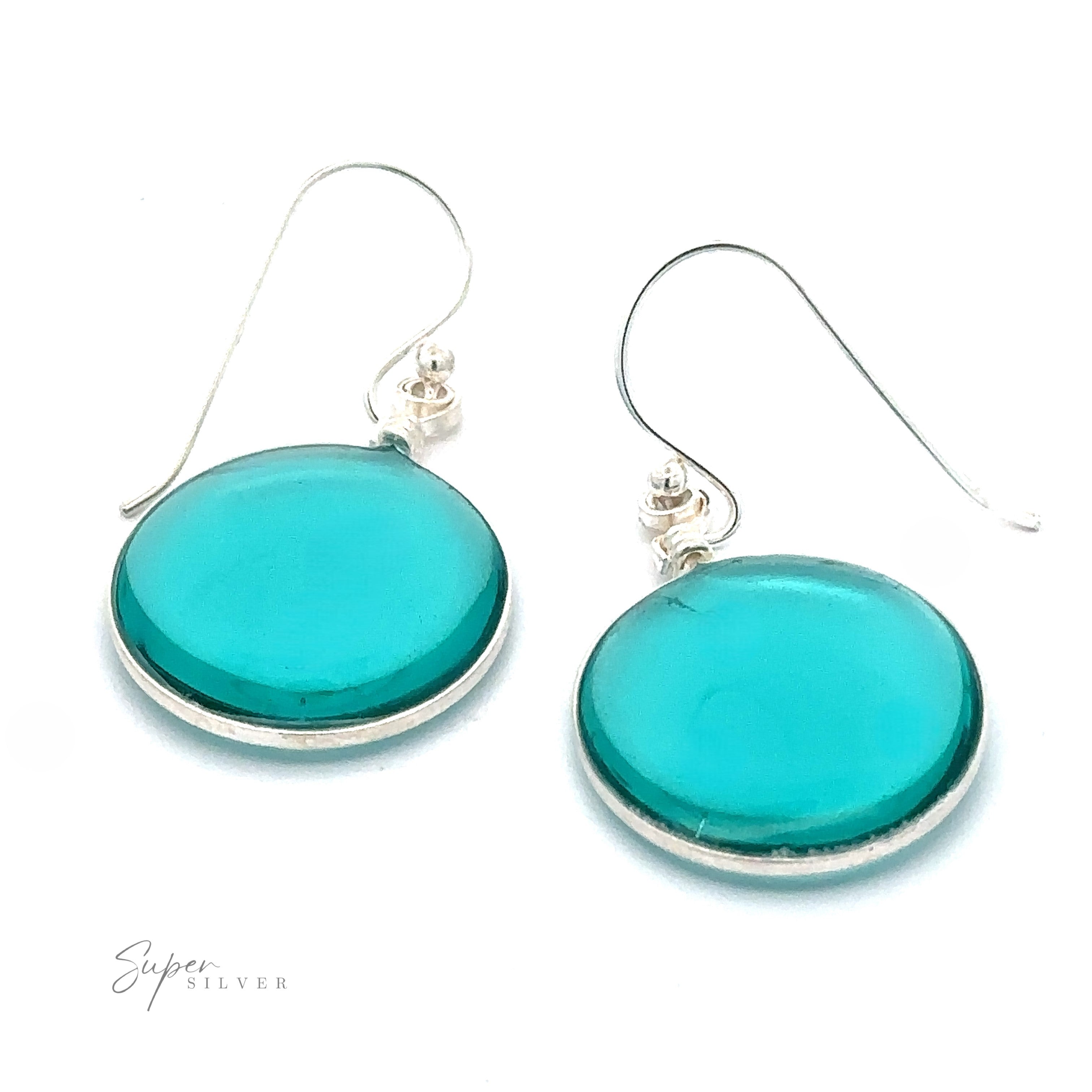 A pair of Round Glass Earrings with thin metal hooks made from .925 Sterling Silver and the text "Super Silver" in the bottom-left corner.