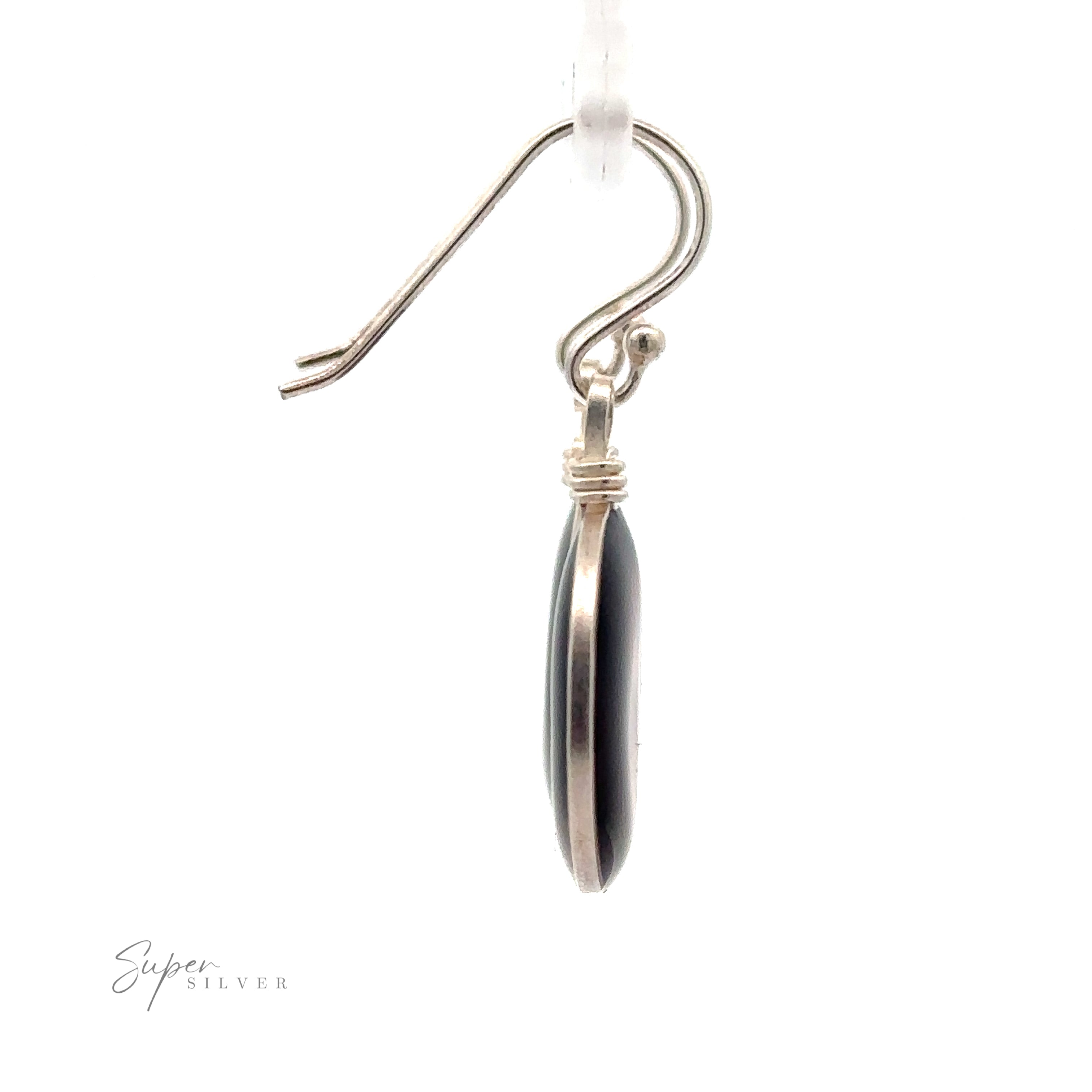 A silver hook earring with a round black stone hanging vertically against a white background, crafted from .925 Sterling Silver. The Round Glass Earrings are labeled with the brand "Super Silver.