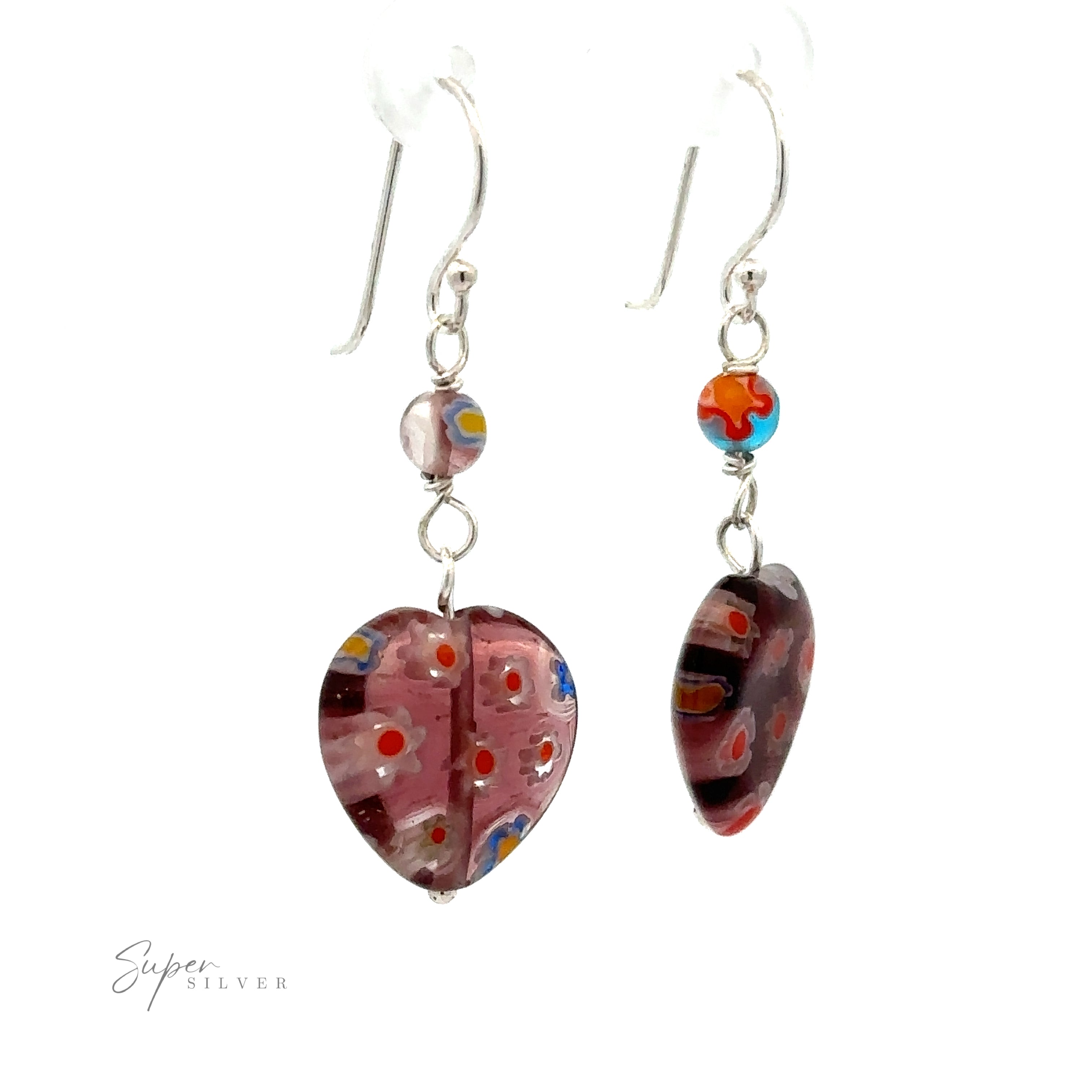 A pair of Beaded Resin Floral Heart Earrings with heart-shaped, wine-colored beads featuring multicolor flower details, each suspended from a .925 sterling silver hook.