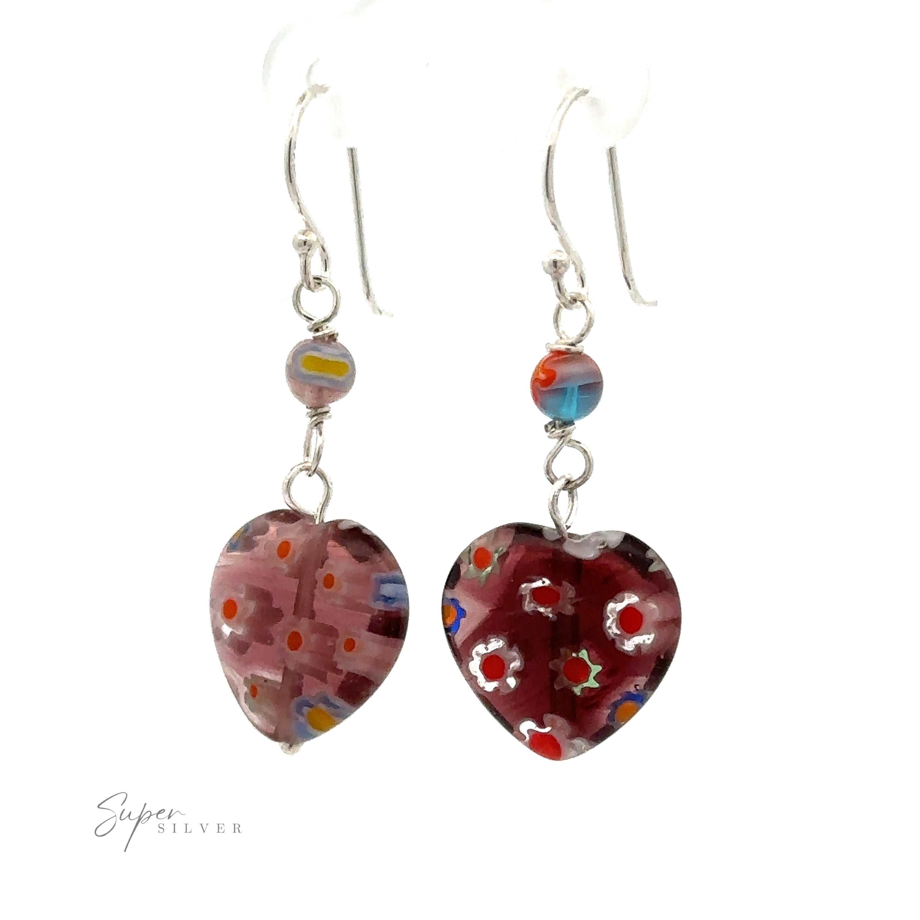 A pair of Beaded Resin Floral Heart Earrings with multicolored flower details and wine-colored beads hanging from .925 Sterling Silver hooks.