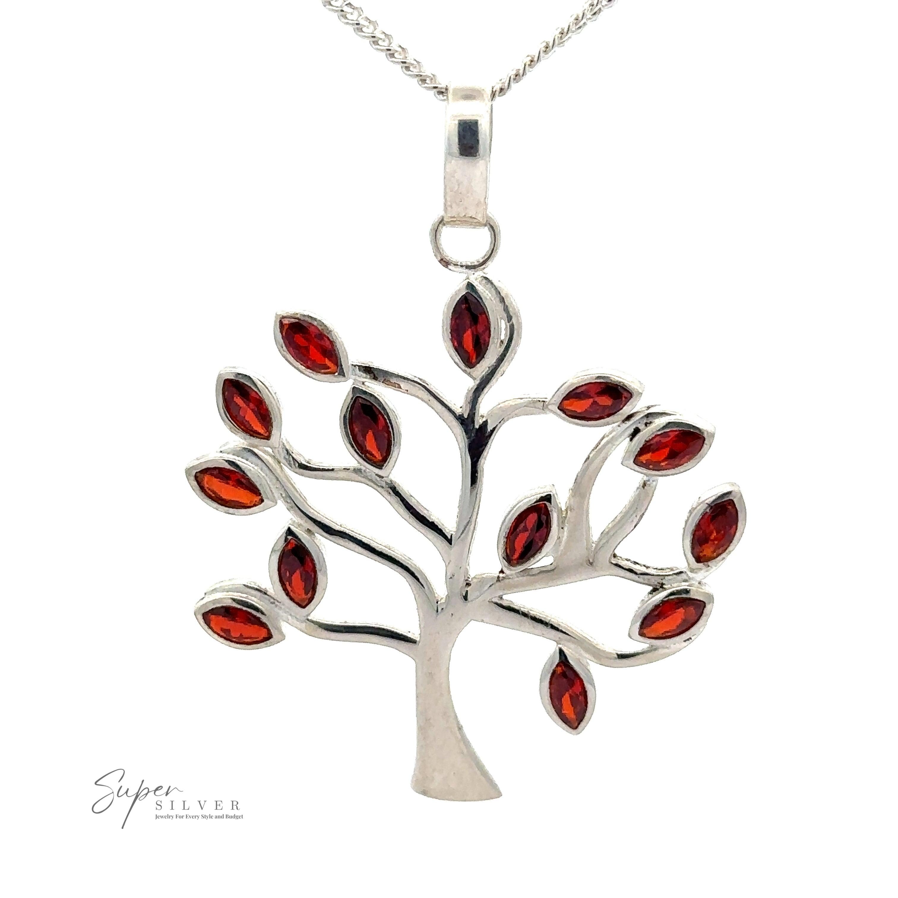 A Tree of Life Pendant with Stone Leaves featuring faceted stone leaves in a beautiful shade of red.