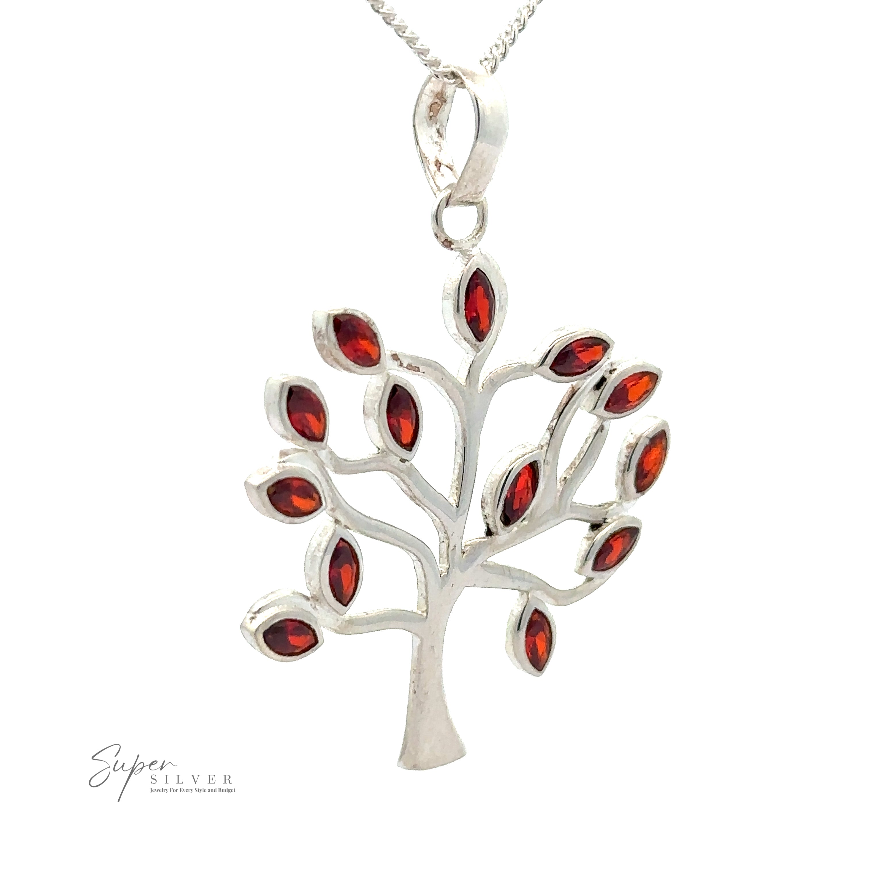A Tree of Life Pendant with Stone Leaves hangs from a silver chain. The brand name "Super Silver" is visible in the bottom left corner, showcasing the elegance of .925 Sterling Silver.