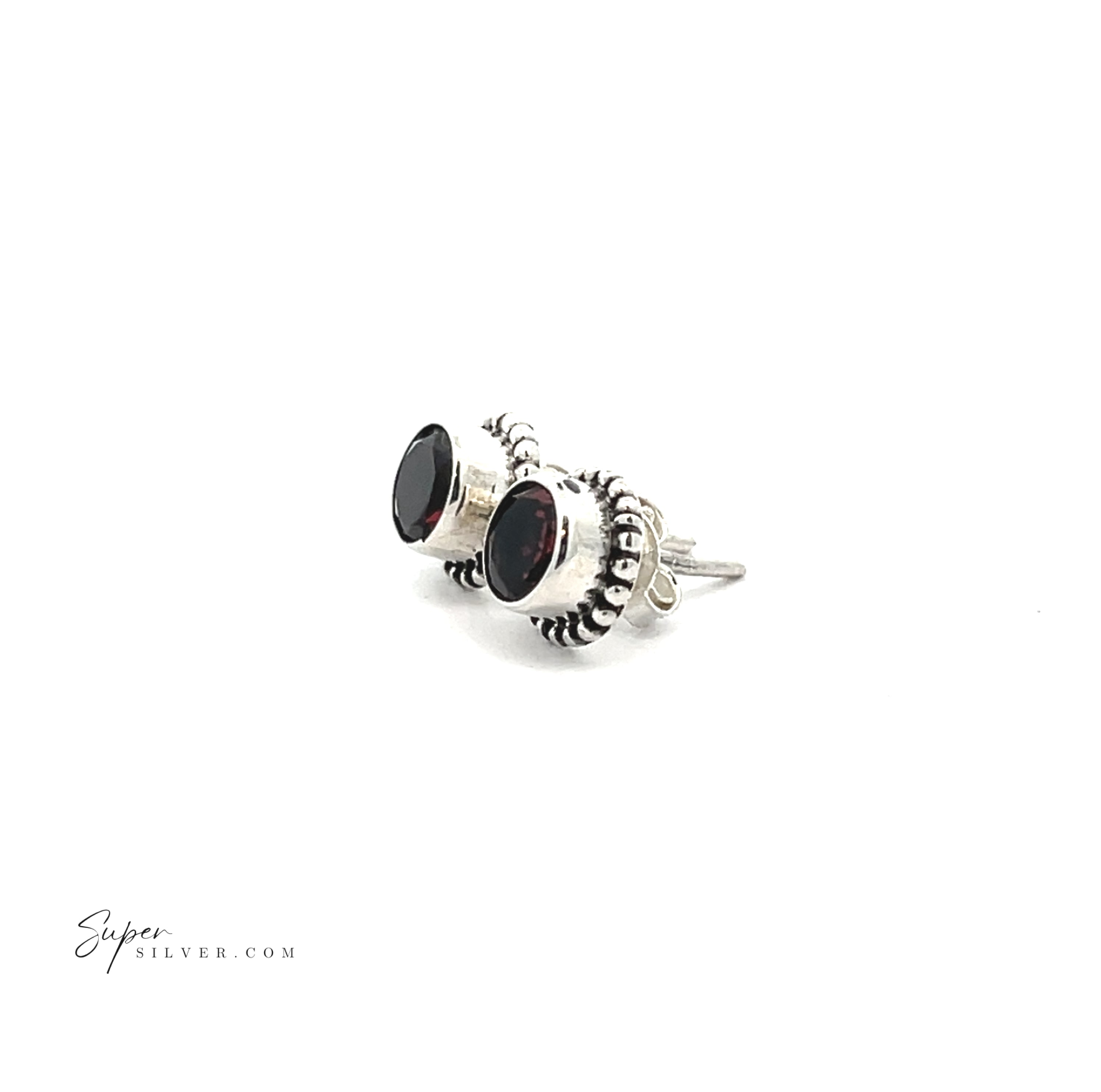 Beaded Round Faceted Gemstone Studs in sterling silver, featuring round faceted dark red gemstones, displayed on a white background.