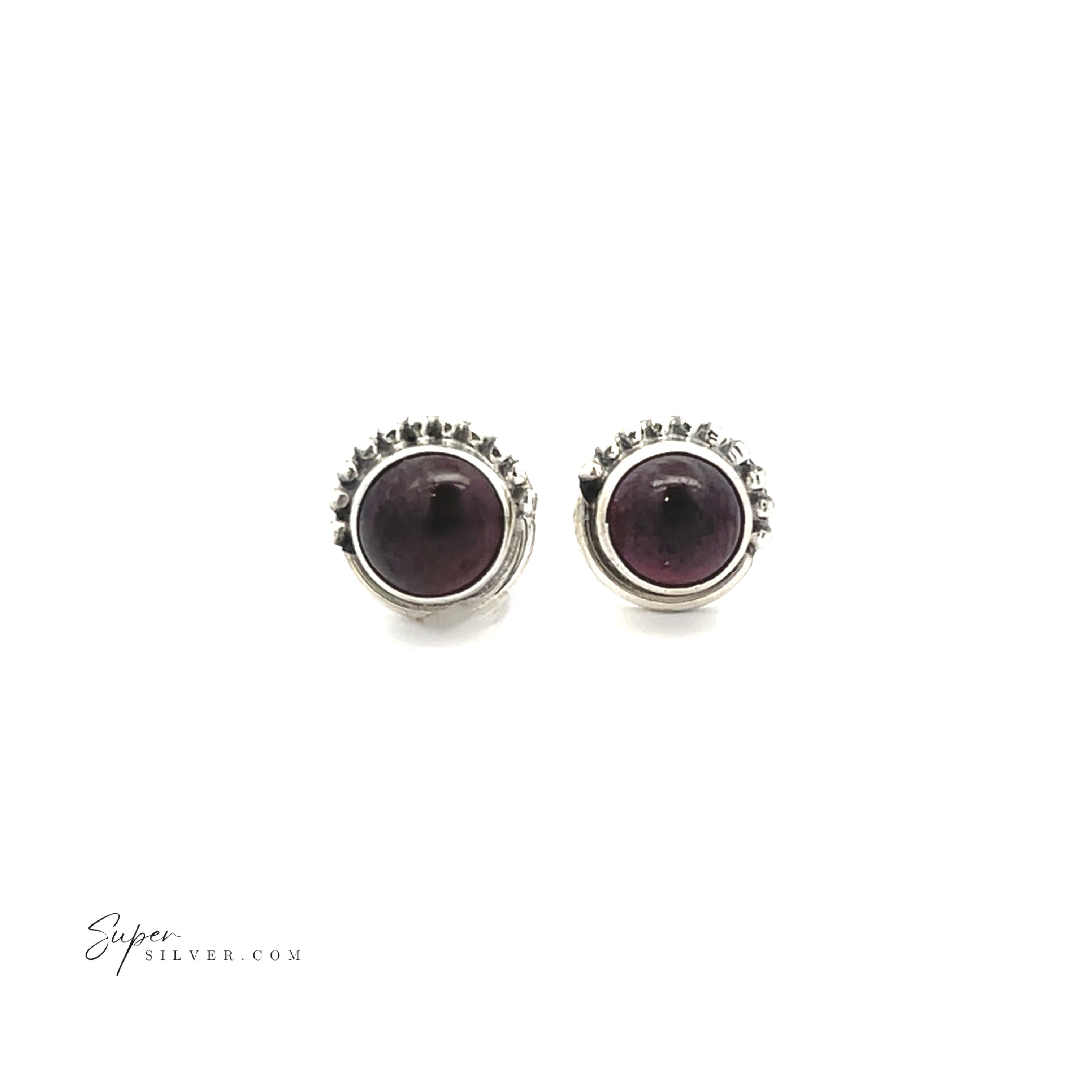 A pair of 5mm Gemstone Studs With Half Bead Design featuring dark purple bezel-set centers and decorative beaded edges, crafted from sterling silver, displayed on a white background.