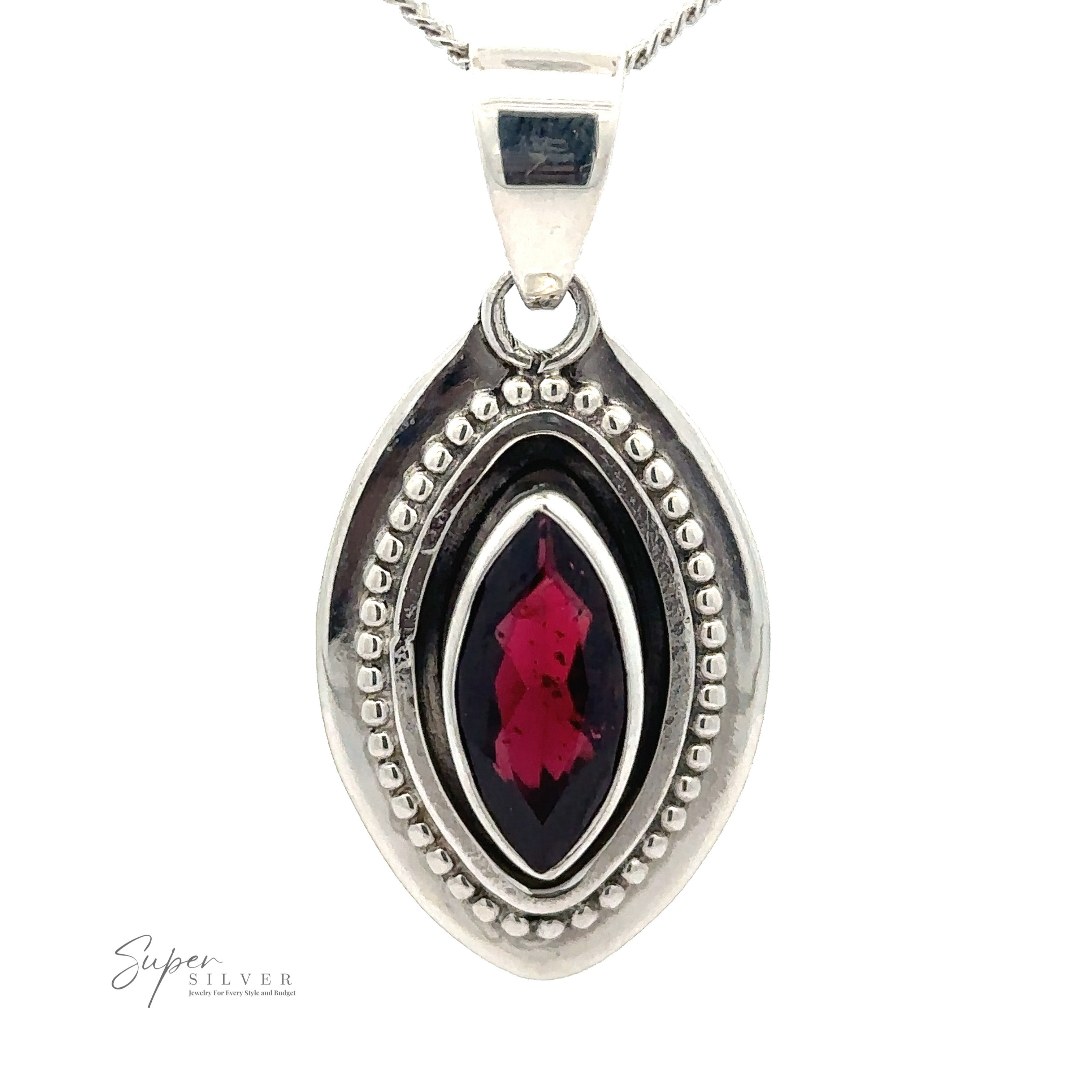 A Beautiful Marquise Pendant With Beaded Design, featuring a central red gemstone surrounded by intricate silver detailing.