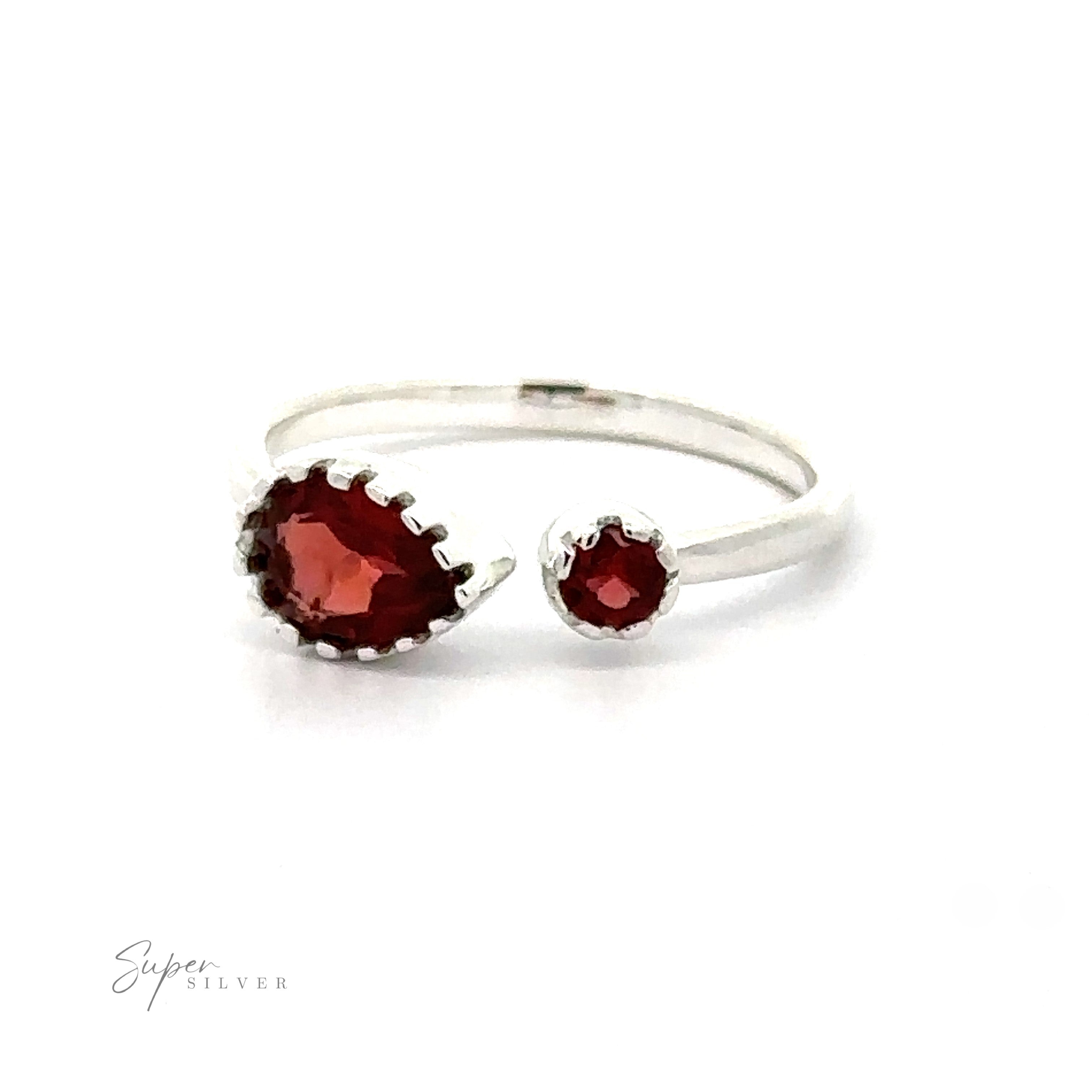Dainty Adjustable Gemstone Ring with Two Stones featuring a large red gemstone with a smaller red gemstone, both set in a simple, elegant design against a white background.