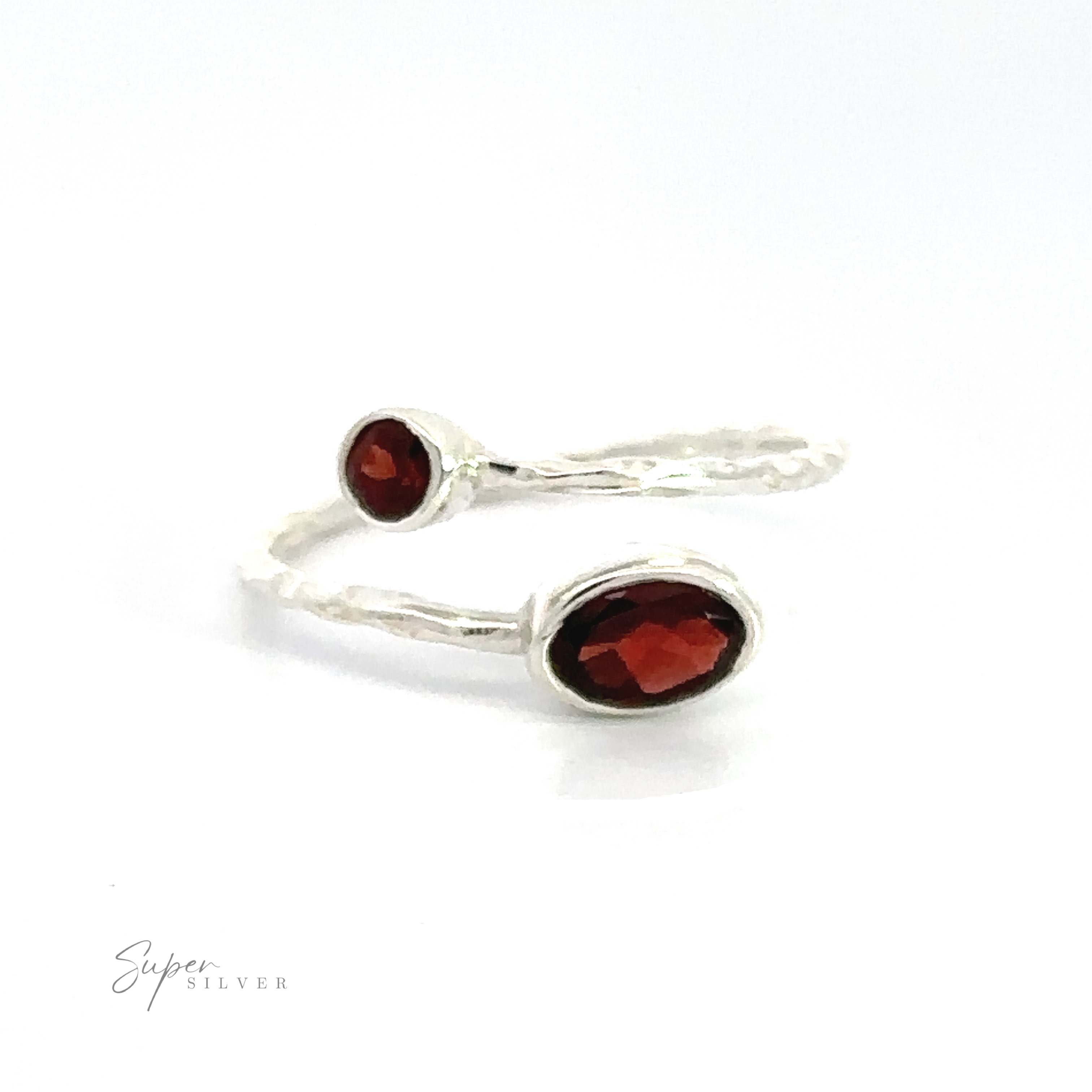 Pair of Textured Adjustable Band with Adorned Gemstones earrings with red gemstones on a white background.