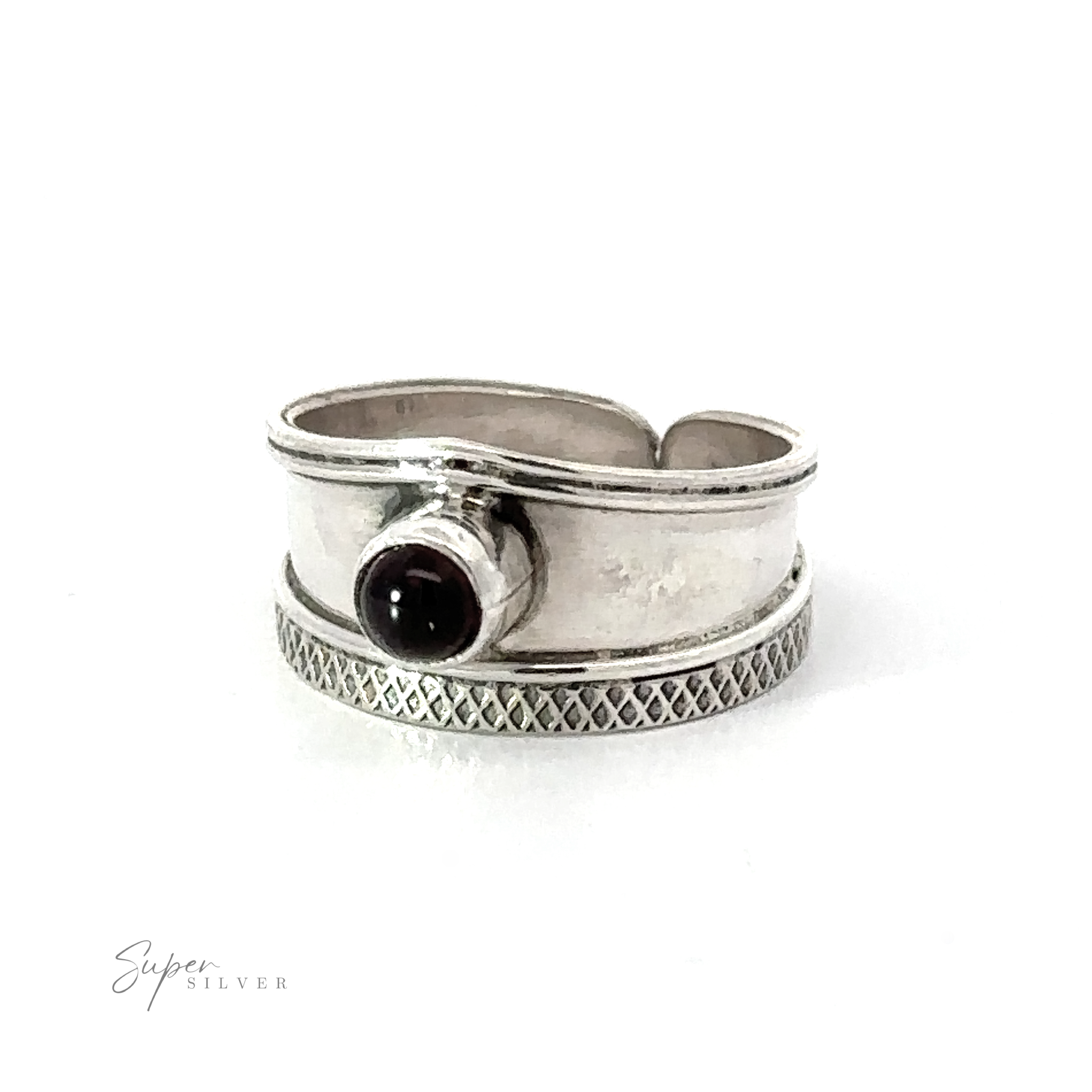 Adjustable Wide Cigar Band Toe Ring with Gemstone toe ring with a textured band and a single dark gemstone on a white background.