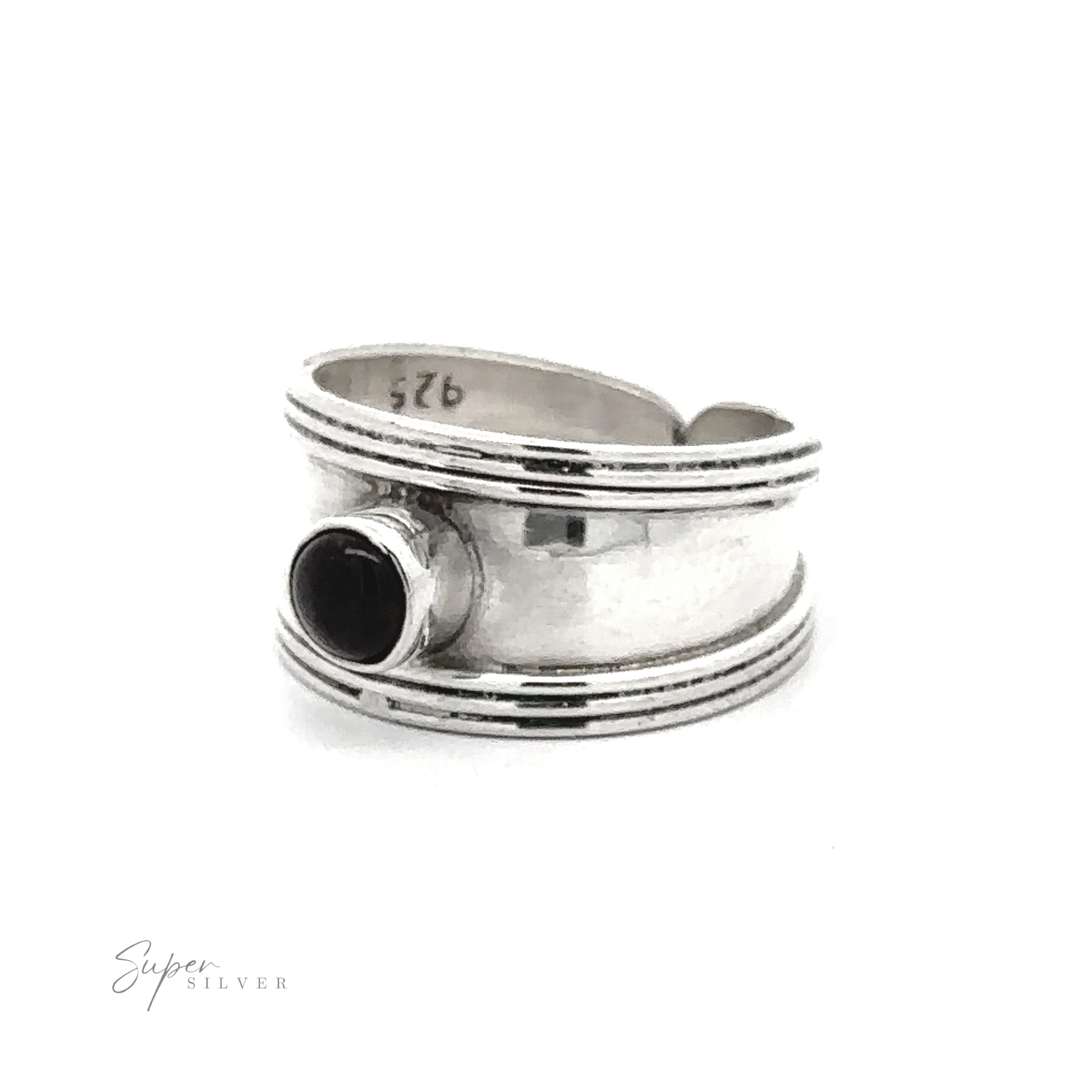 Adjustable Wide Cigar Band Toe Ring with Gemstone with a modern design featuring clean lines and a single black stone, displayed against a white background.