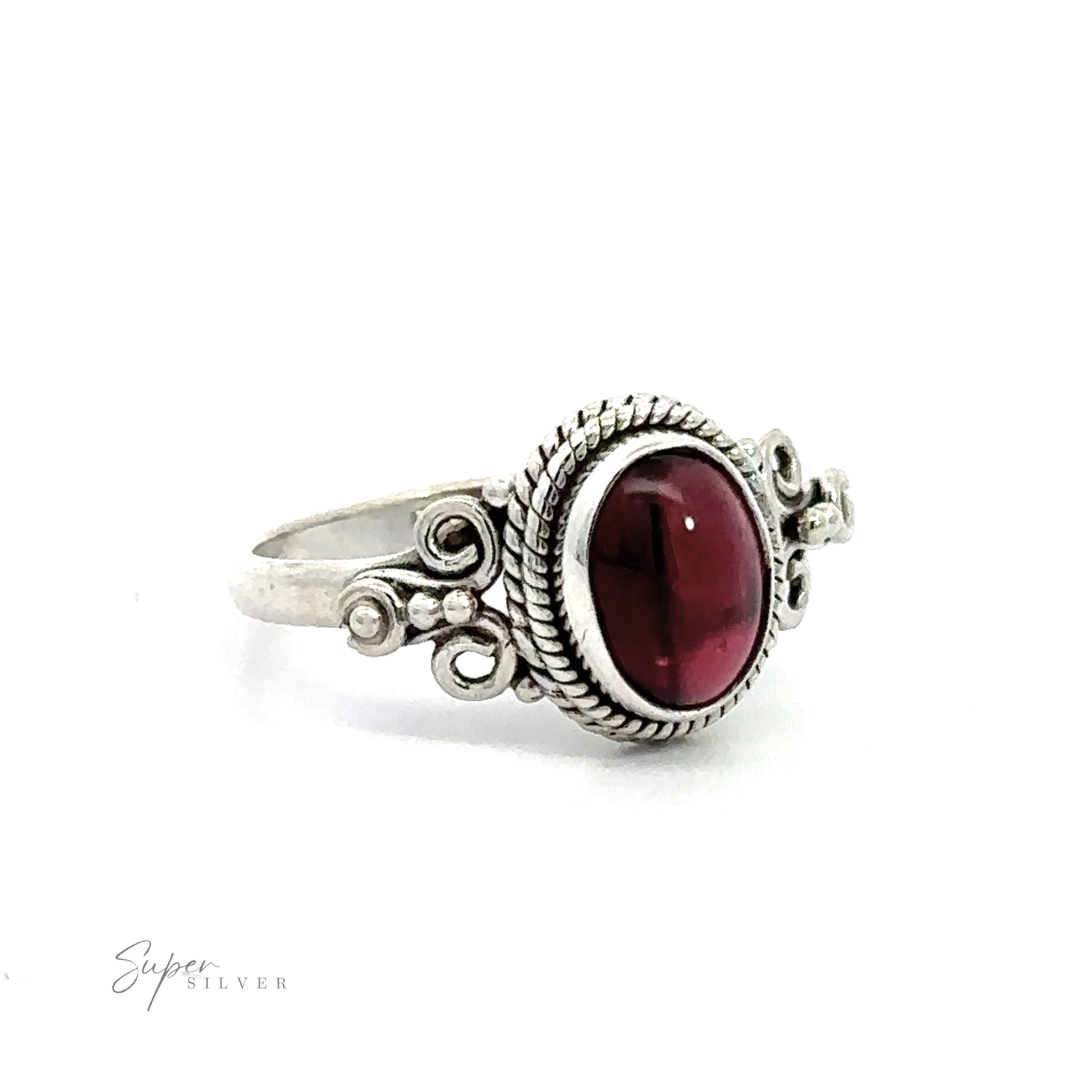 Natural Oval Gemstone Ring with Intricate Rope and Long Spiral Border with a decorative band.