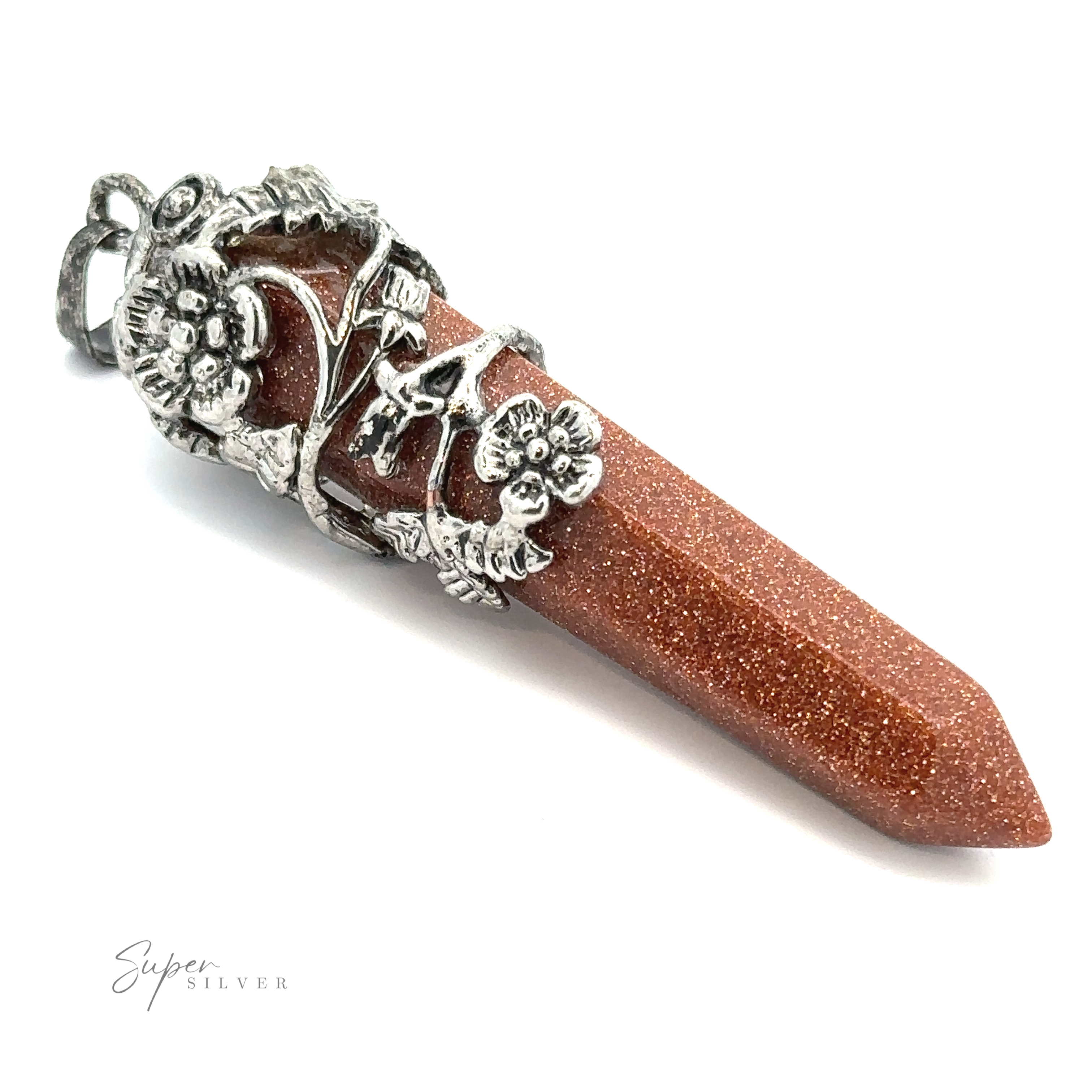A Silver-Plated Flower Design Stone Pendant, reminiscent of obelisk-shaped stones, is displayed against a white background.