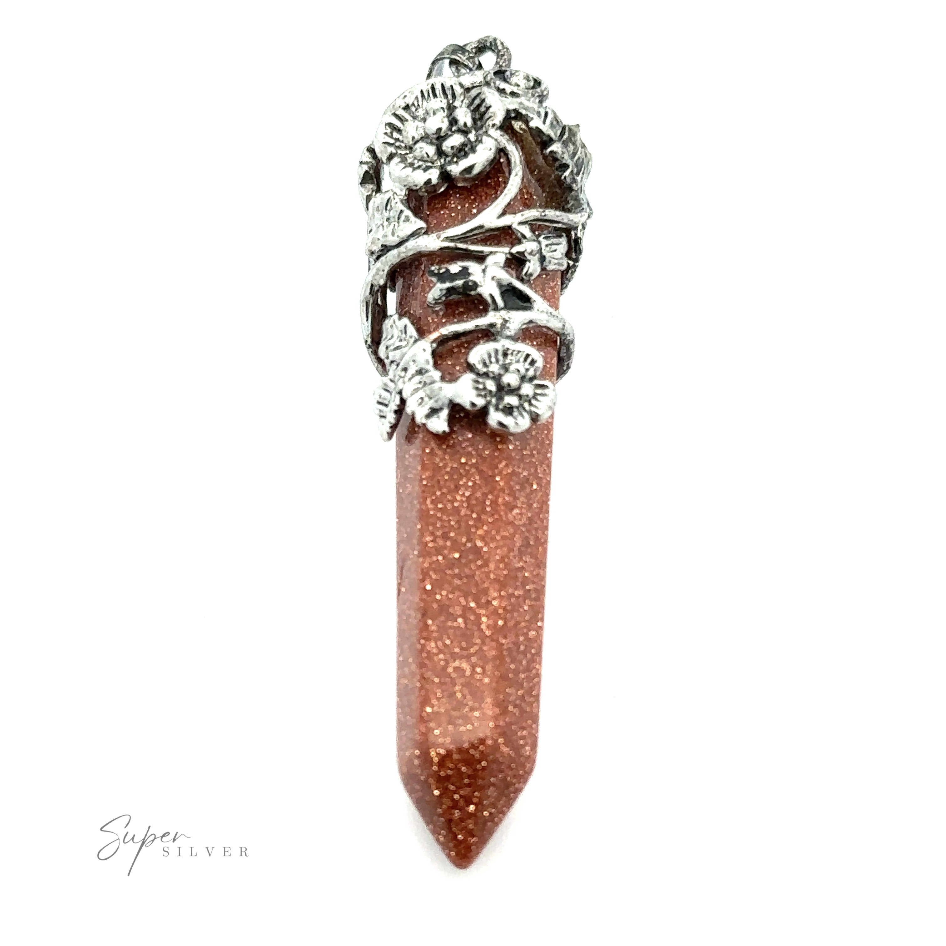 The Silver-Plated Flower Design Stone Pendant is encased in an ornate, silver-plated floral design.