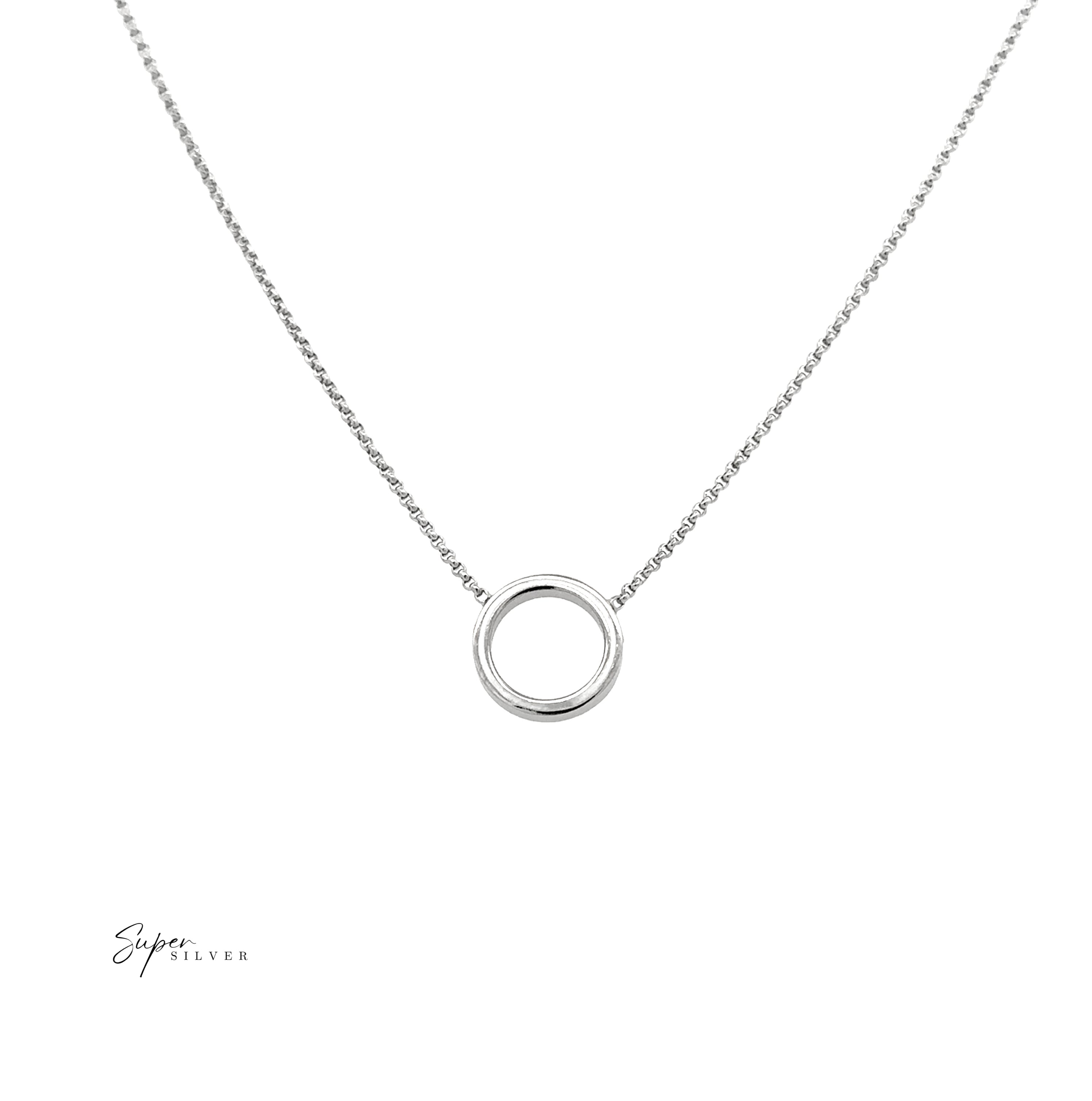 The White Enso Necklace features a simple sterling silver circular pendant on a delicate chain, shown against a white background.