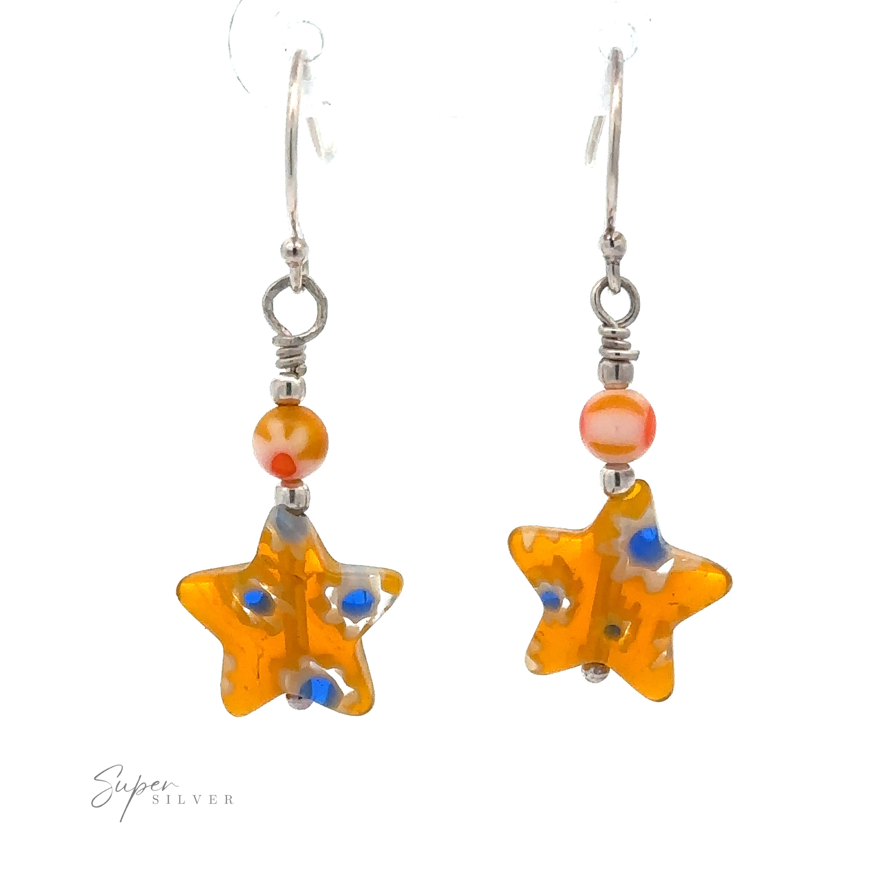A pair of Resin Beaded Yellow Star Earrings with multicolored beads, including vibrant yellow beads.