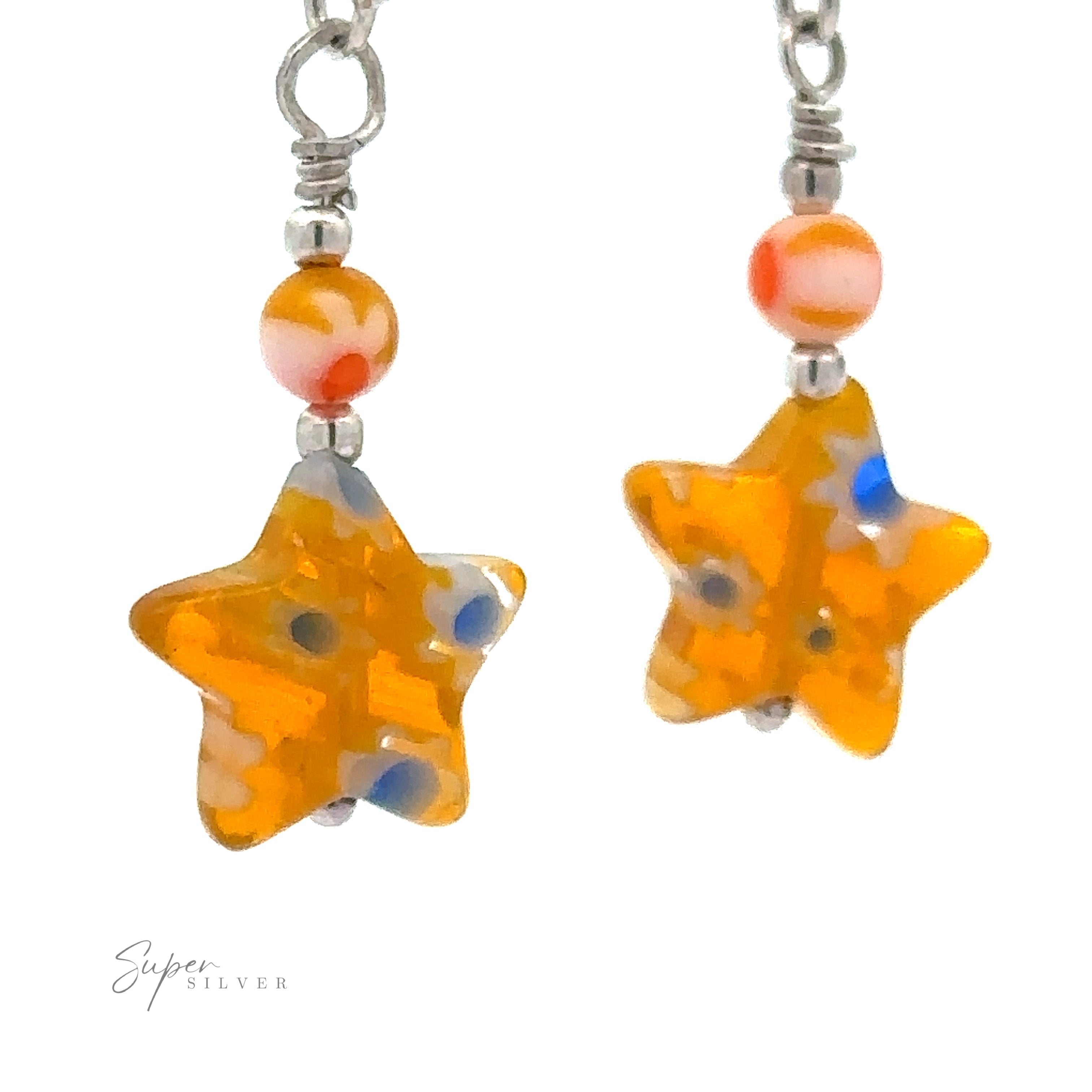 A pair of Resin Beaded Yellow Star Earrings featuring orange pendants and yellow beaded components, with the "Super Silver" logo visible in the bottom left corner.
