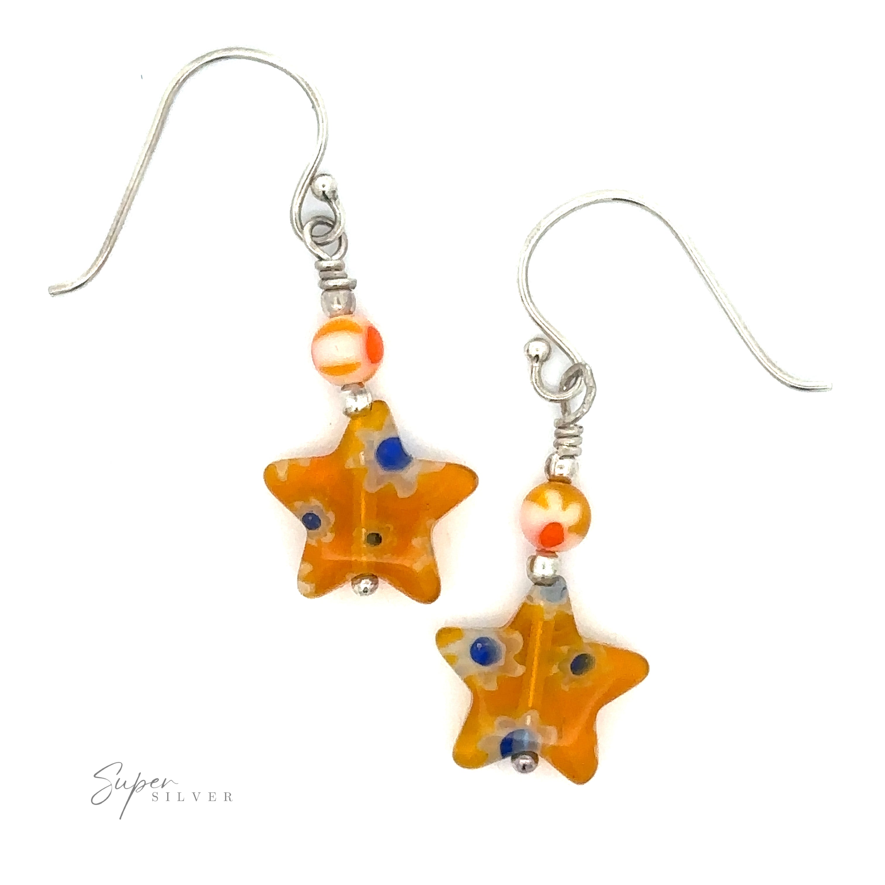 A pair of Resin Beaded Yellow Star Earrings with orange and blue dot details, each adorned with a small yellow bead above. They have hook-style closures.