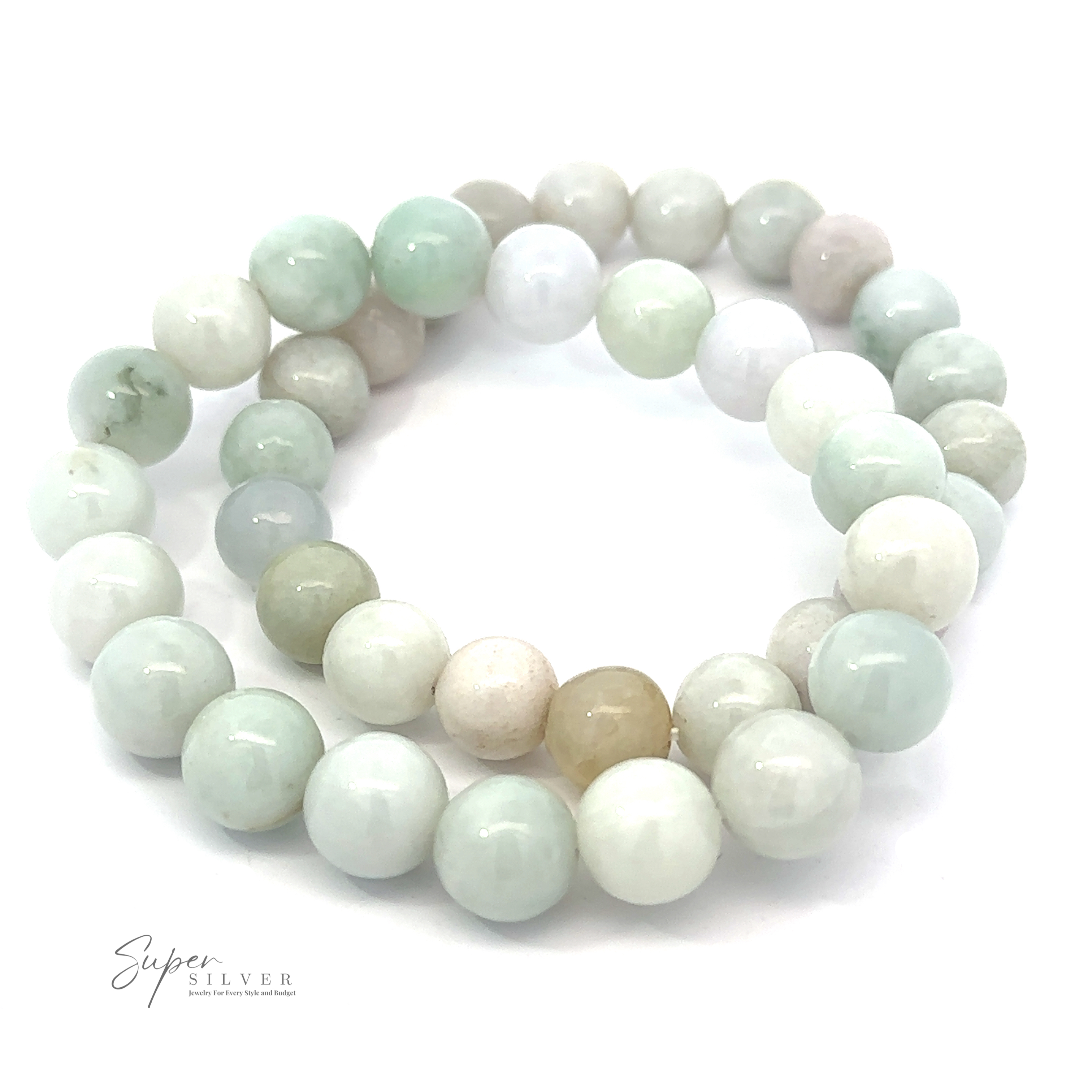 Two Elegant Jade Beaded Bracelets made of round, polished 9-10mm beads in various shades of green, white, and light brown, displayed in a coiled arrangement with "Super Silver" branding visible in the bottom left corner. The high-quality stretchable nylon string ensures durability and comfort.
