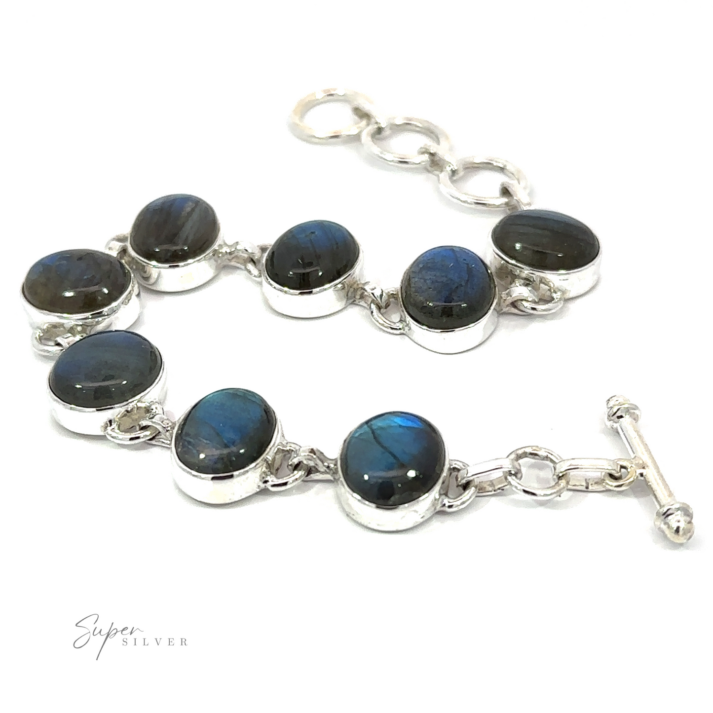 Statement Oval Gemstone Bracelets with oval labradorite stones set in simple bezels, linked together with a toggle clasp on a white background.