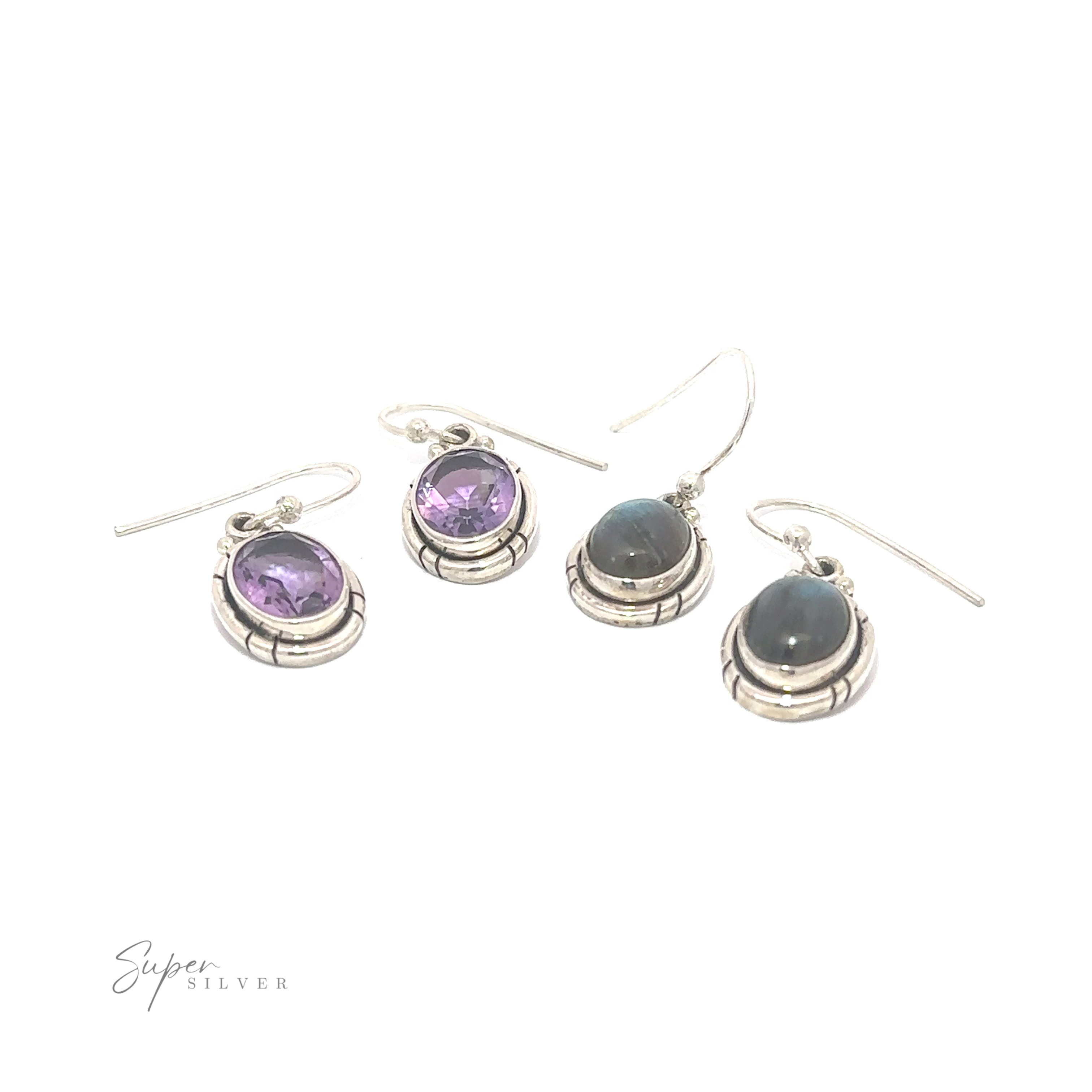 A set of three pairs of Oval Labradorite and Amethyst Dangle Earrings, displayed on a white background with a "super silver" signature at the bottom.