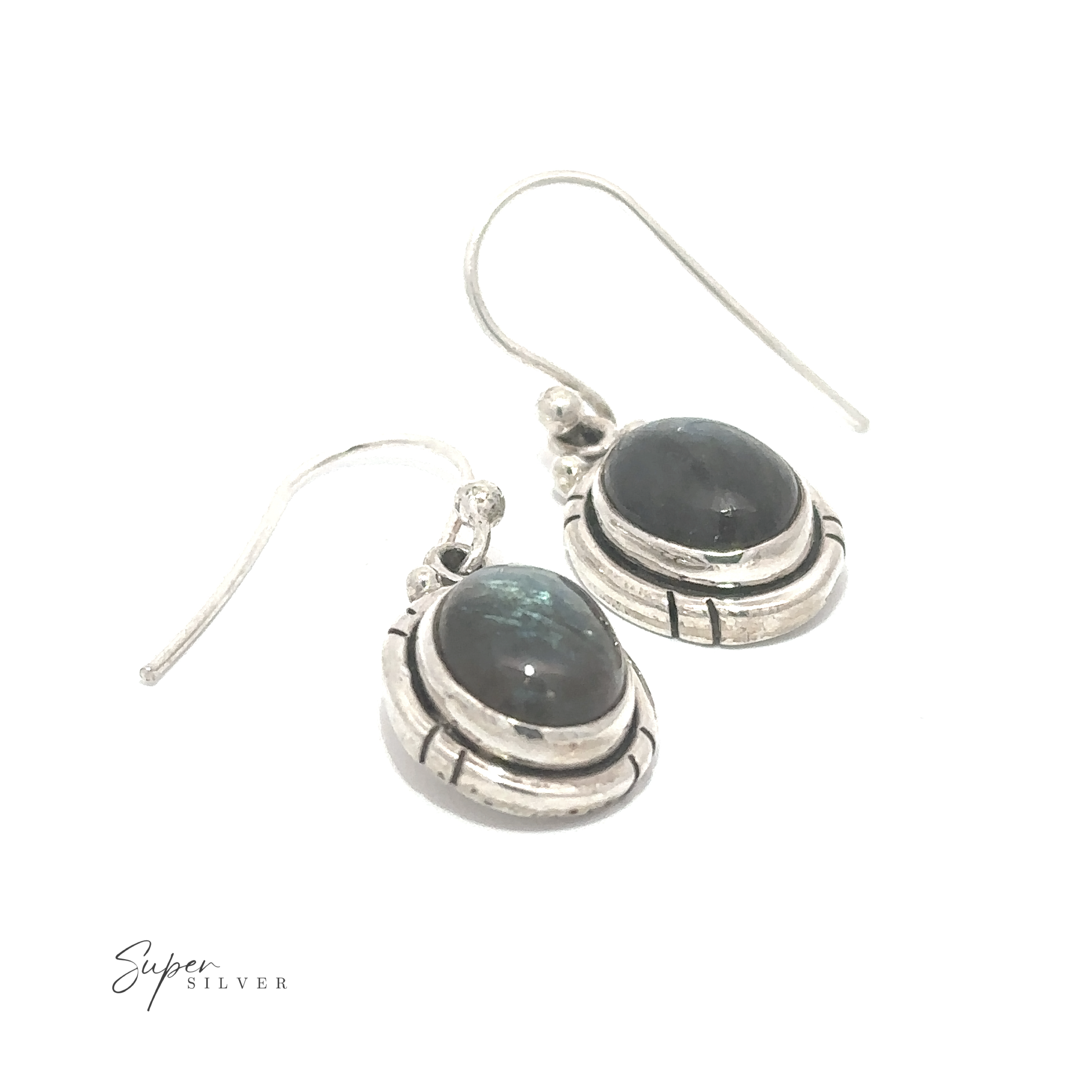 Pair of silver Oval Labradorite and Amethyst Dangle Earrings on a white background.