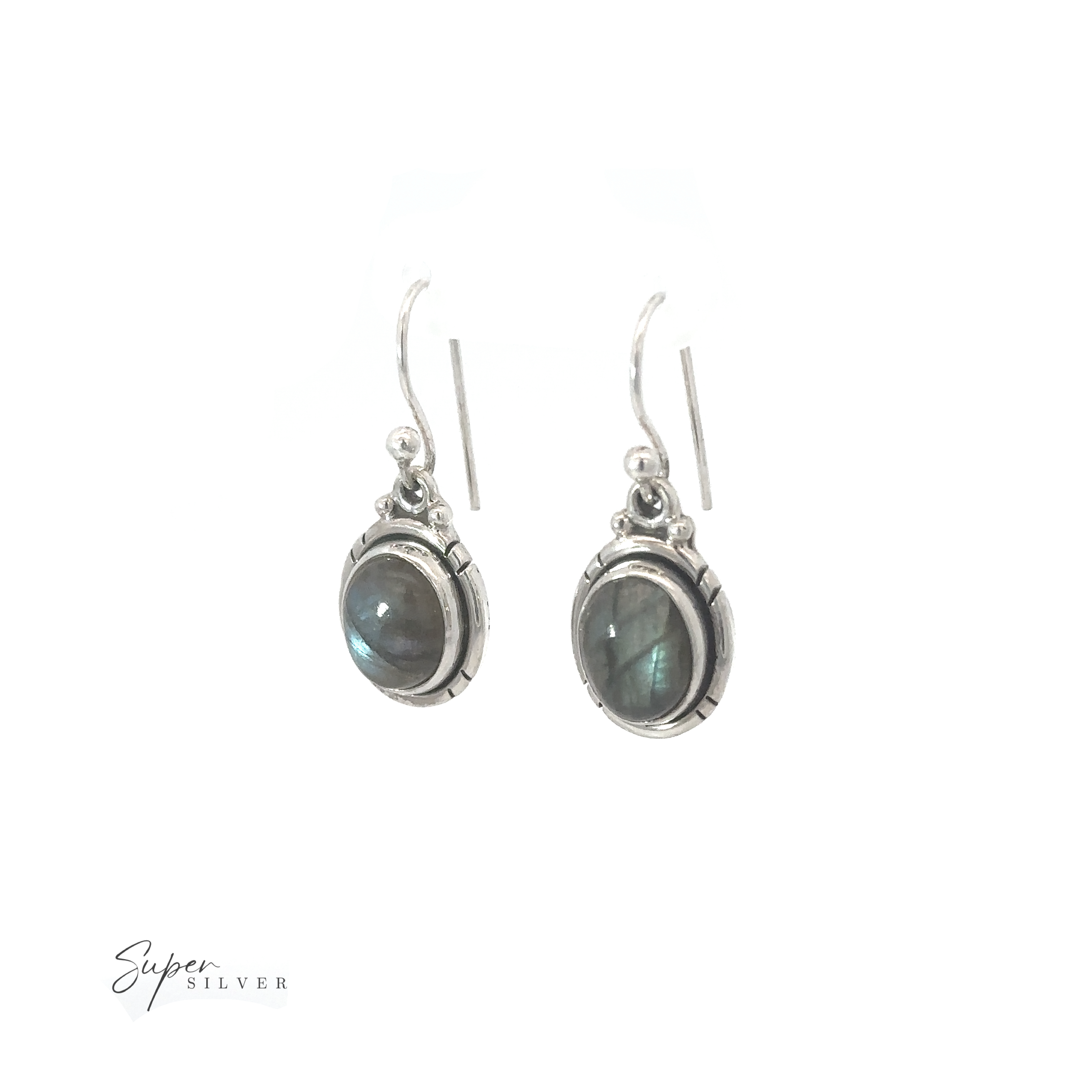 A pair of silver earrings with Oval Labradorite and Amethyst Dangle Earrings on a white background.
