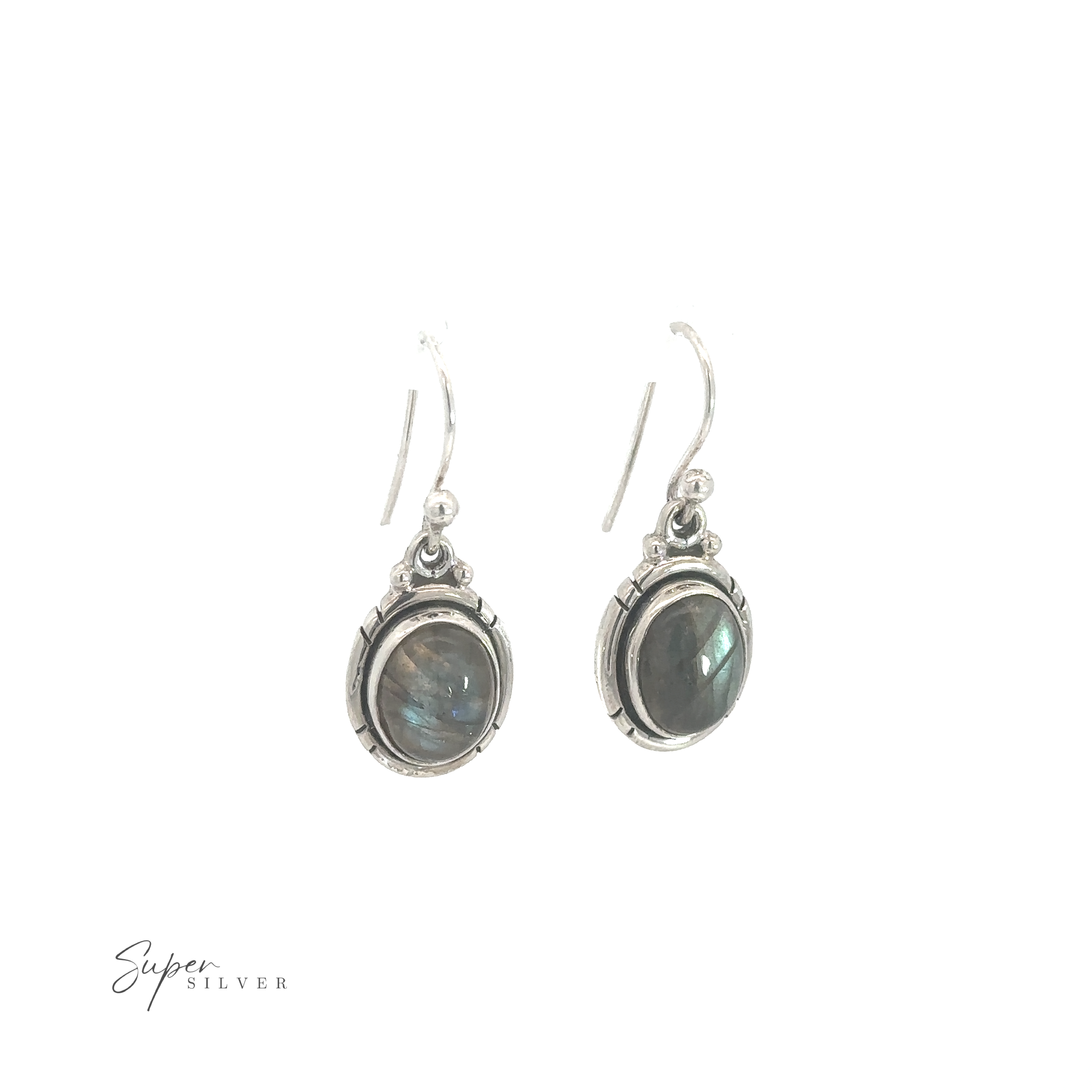 A pair of silver earrings with oval labradorite and amethyst gemstones on a white background.