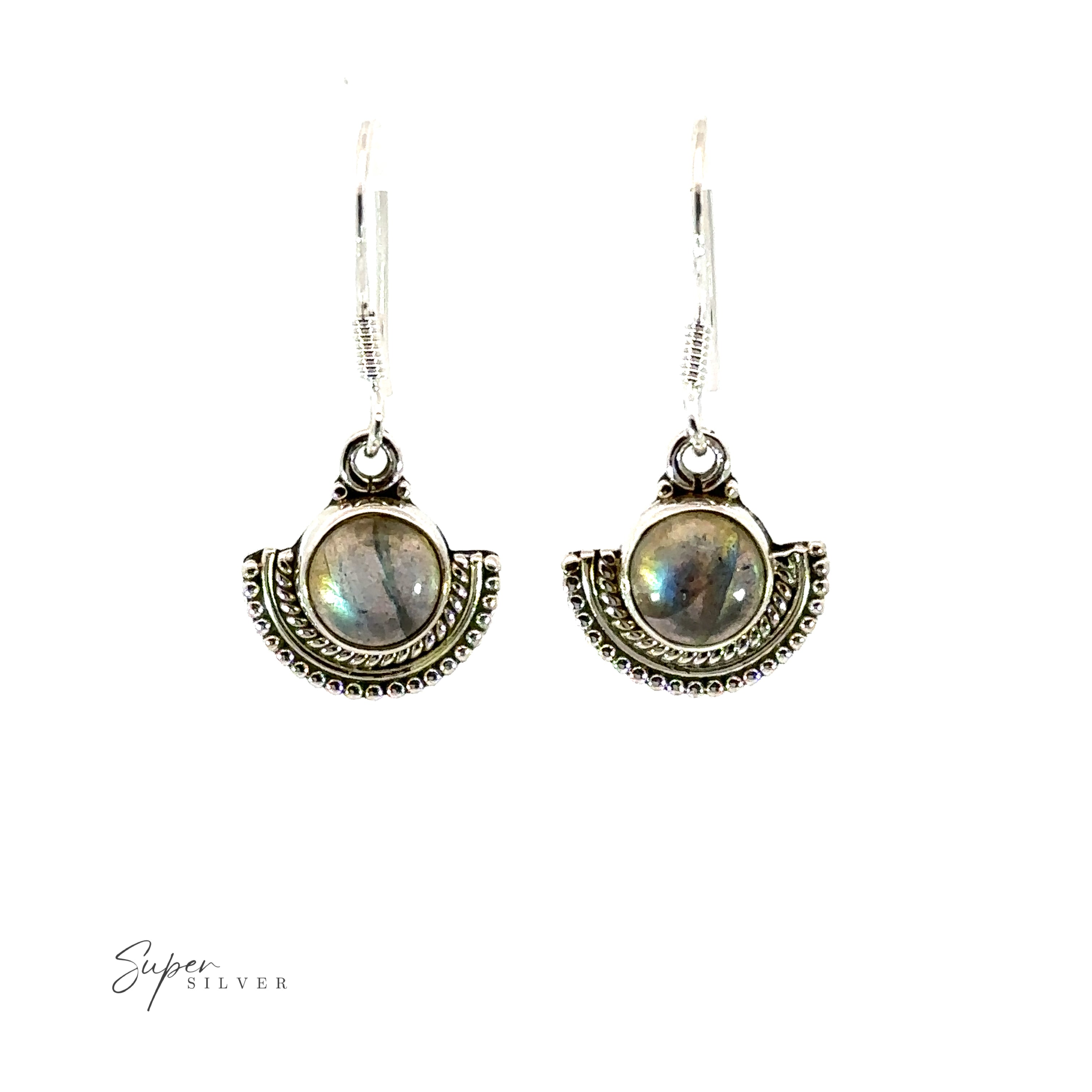 Round gemstone earrings with a labradorite stone in a silver fan-like setting.
