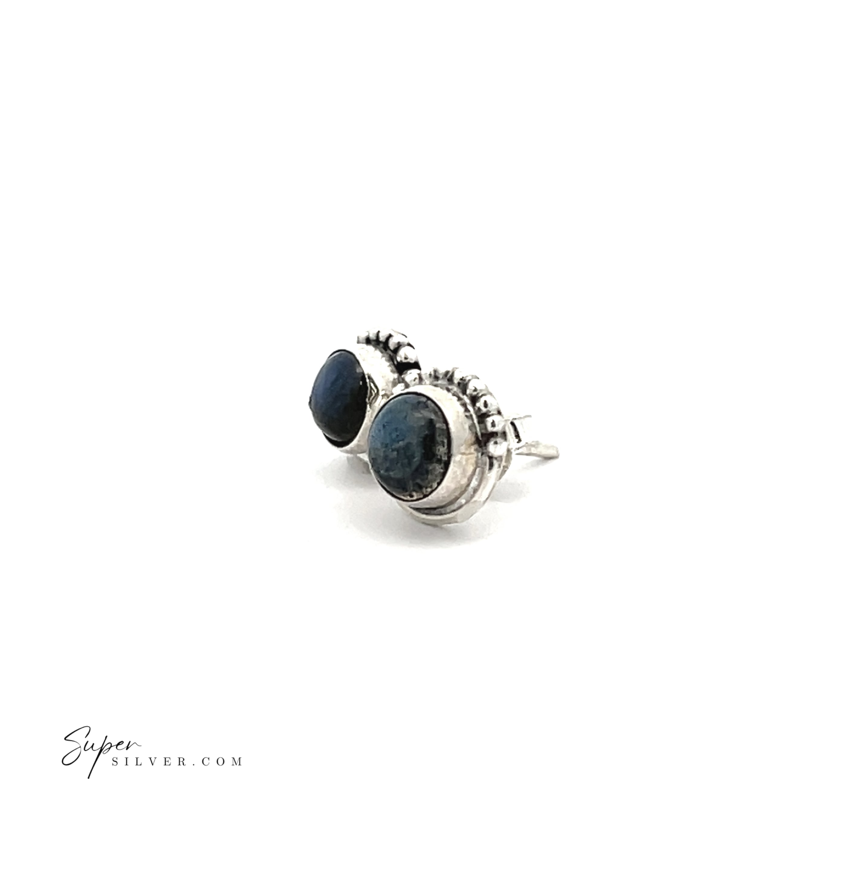 The 5mm Gemstone Studs With Half Bead Design feature round sterling silver settings with dark blue stones at the center, bezel-set in a classic style and shown on a white background.