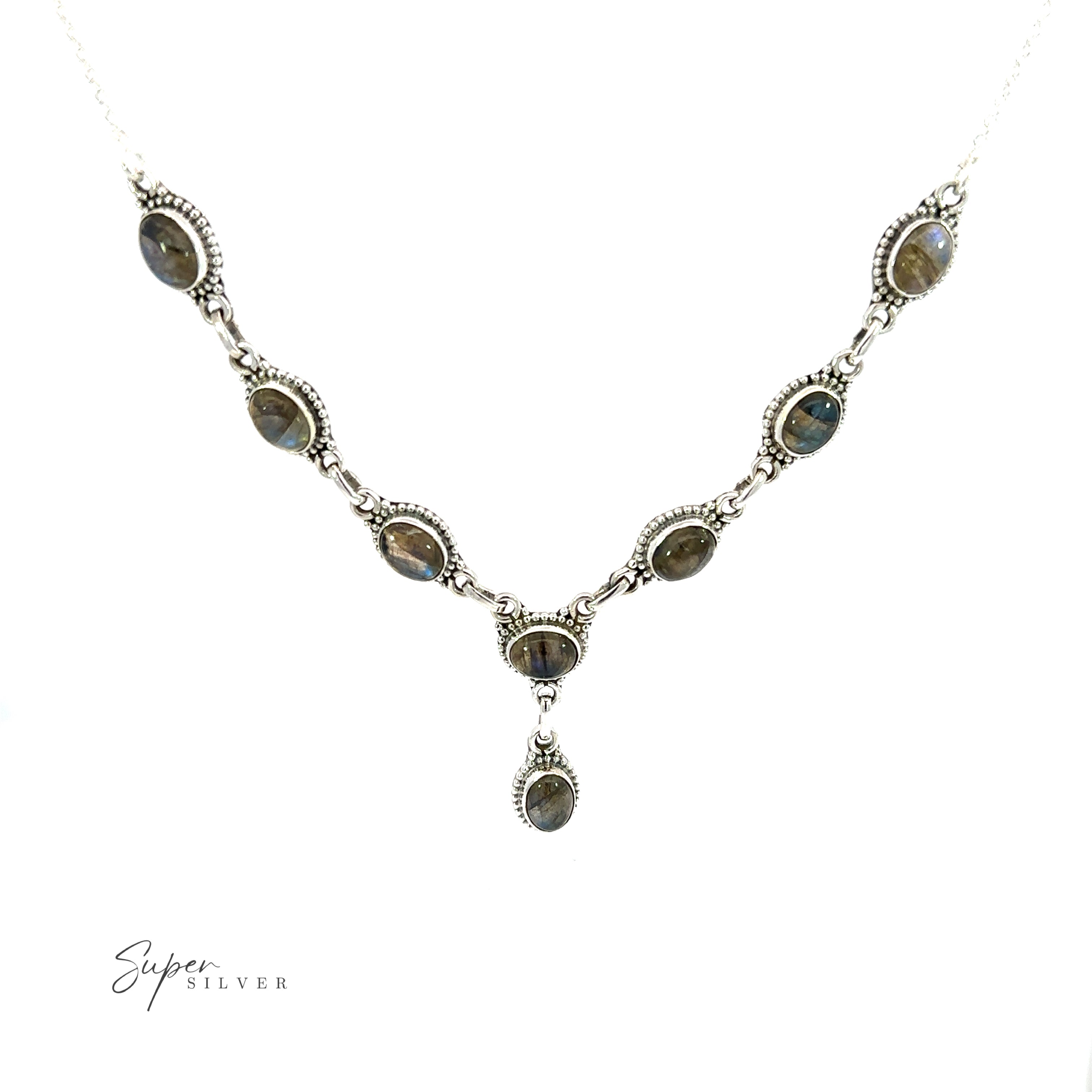 Gemstone Y-Necklaces with Beaded Border featuring a Labradorite and sterling silver pendant.