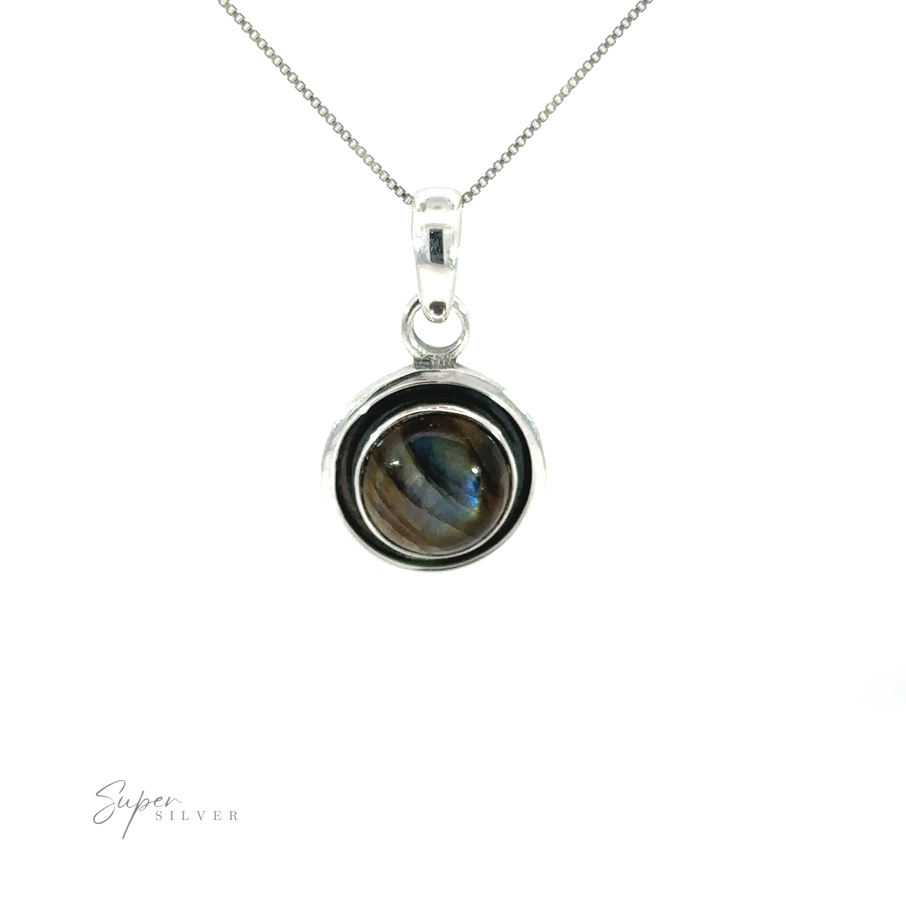 A silver Minimalist Round Gemstone Pendant with a blue labradorite stone, featuring contemporary flair.