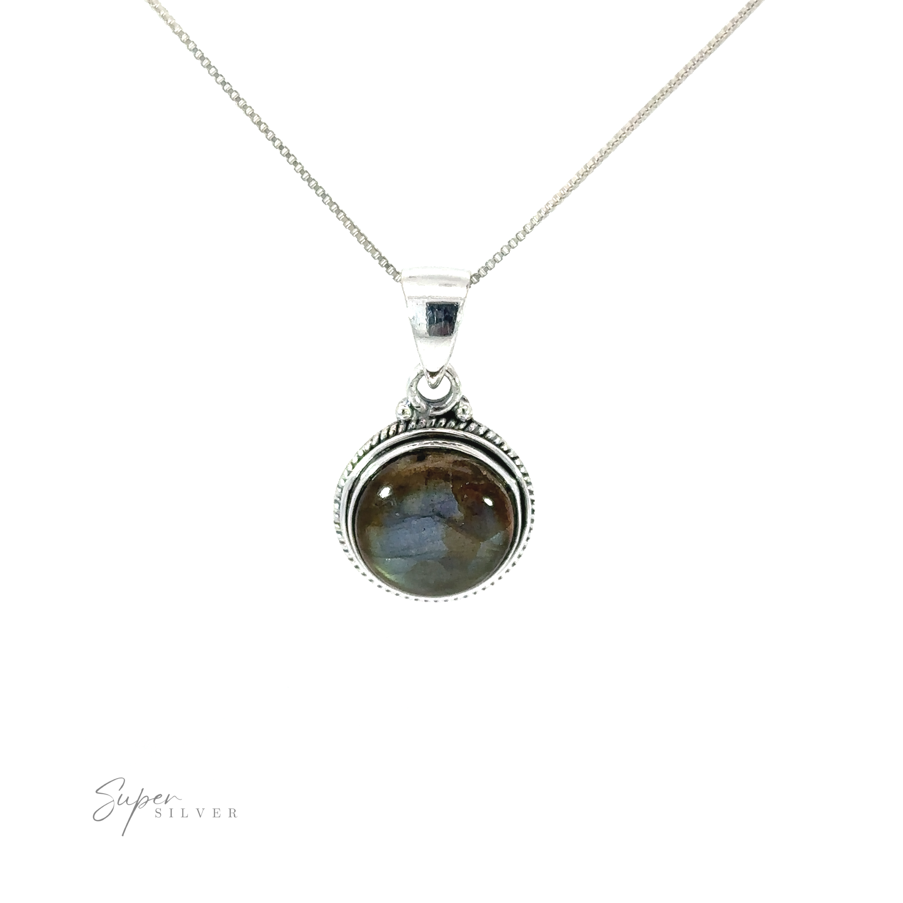 A Round Stone Pendant with Rope Border on a gemstone chain.