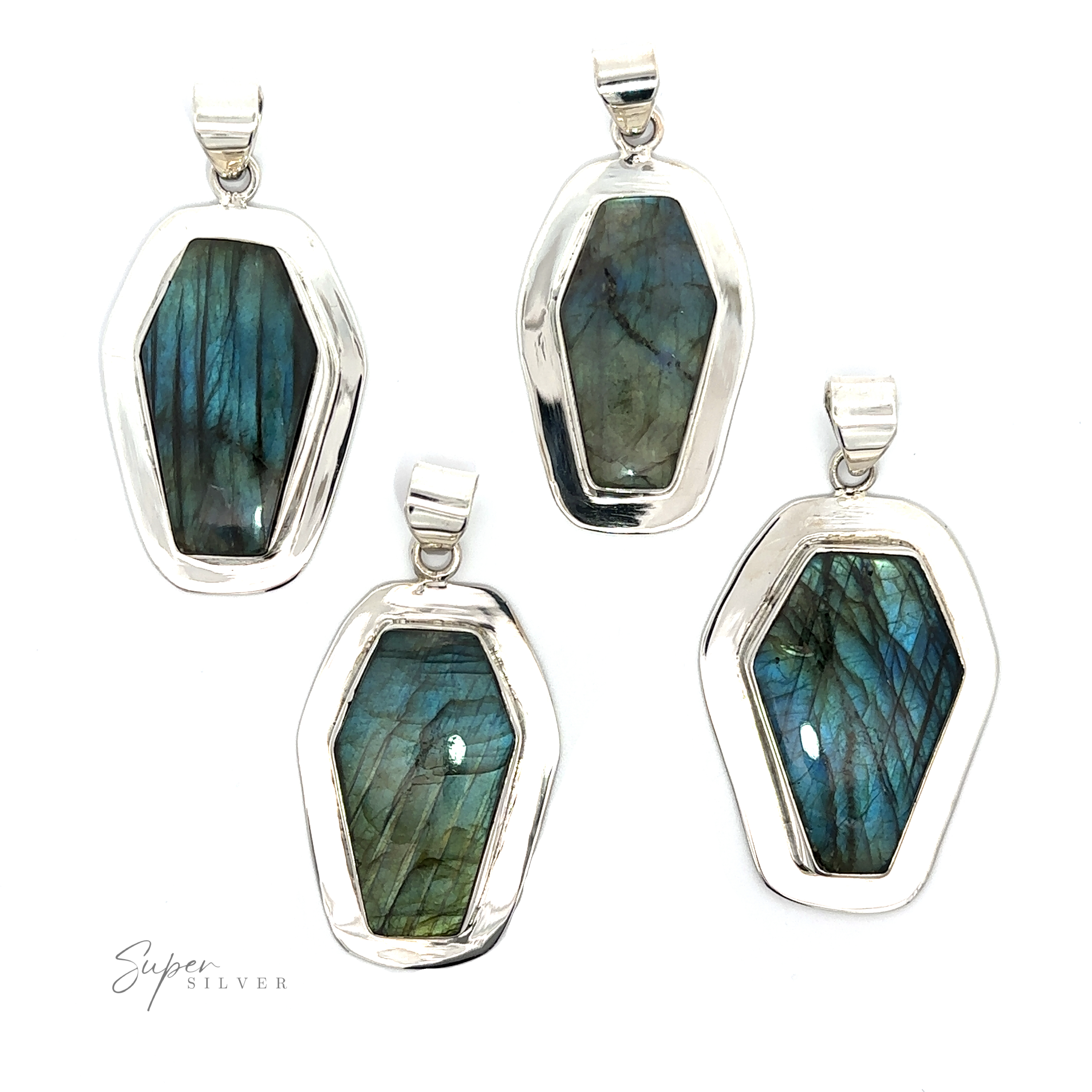 Four Labradorite Coffin Pendants on a white background.