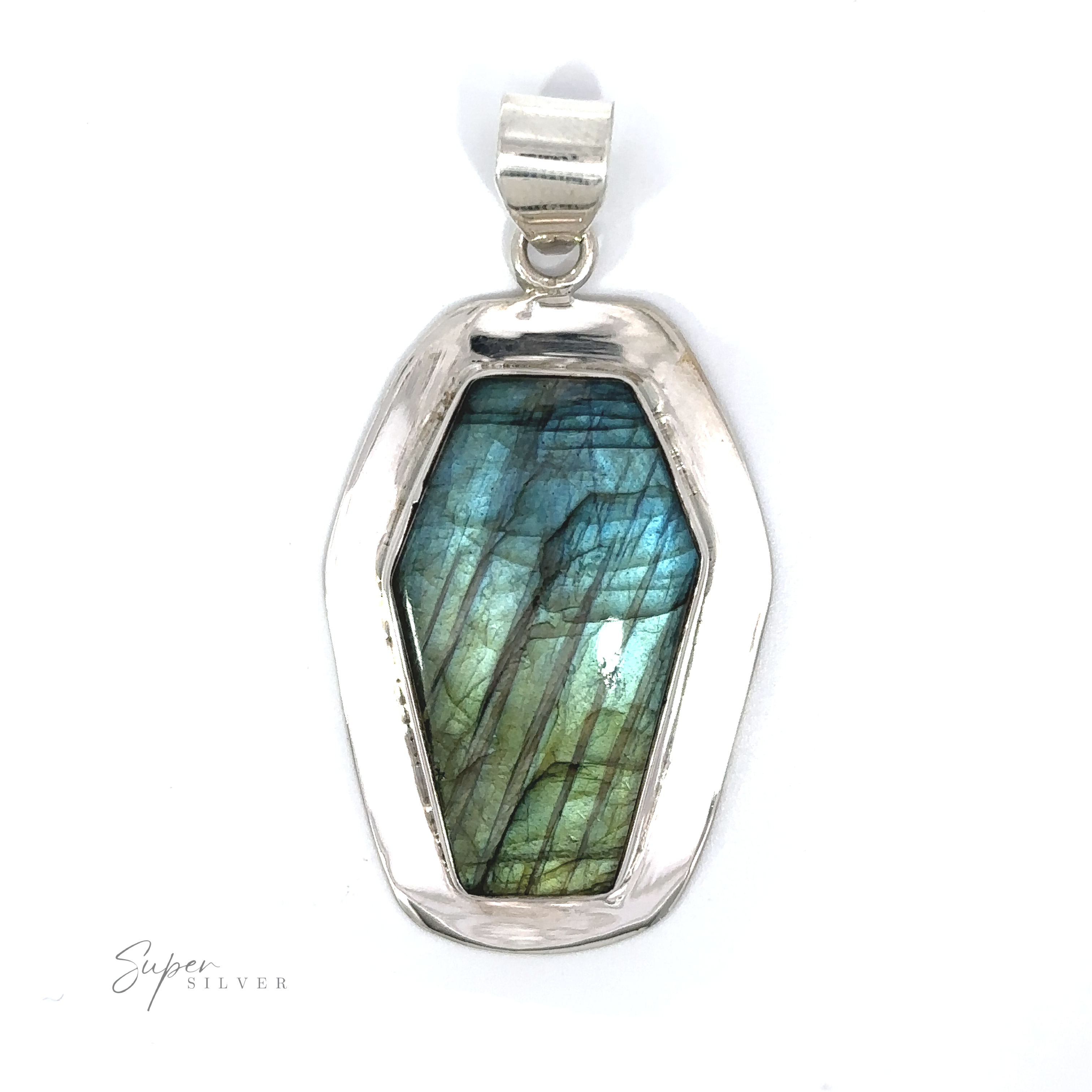 Labradorite Coffin pendant in sterling silver, featuring a mystique design.