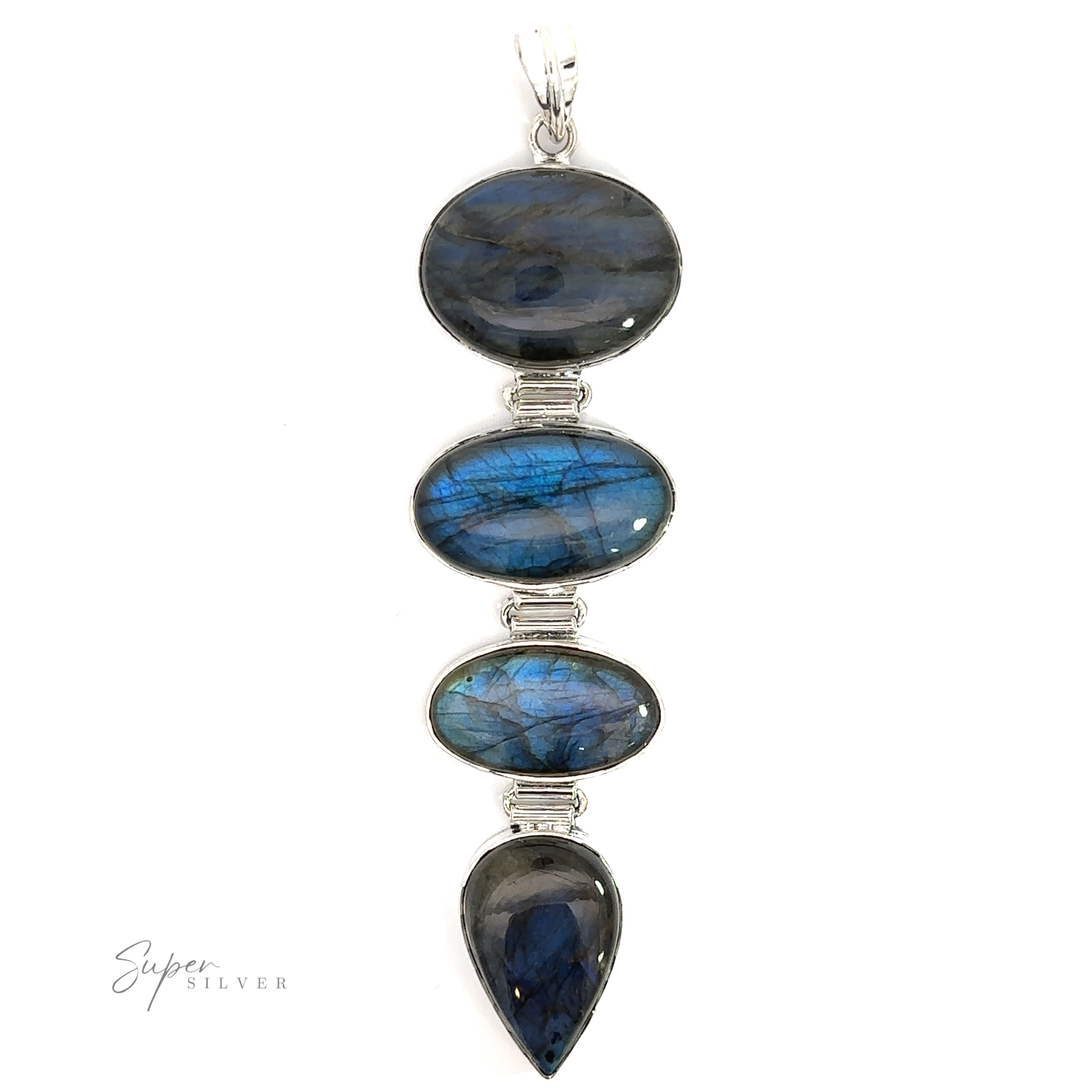 Three enchanting Tiered Statement Labradorite Pendants on a white background.