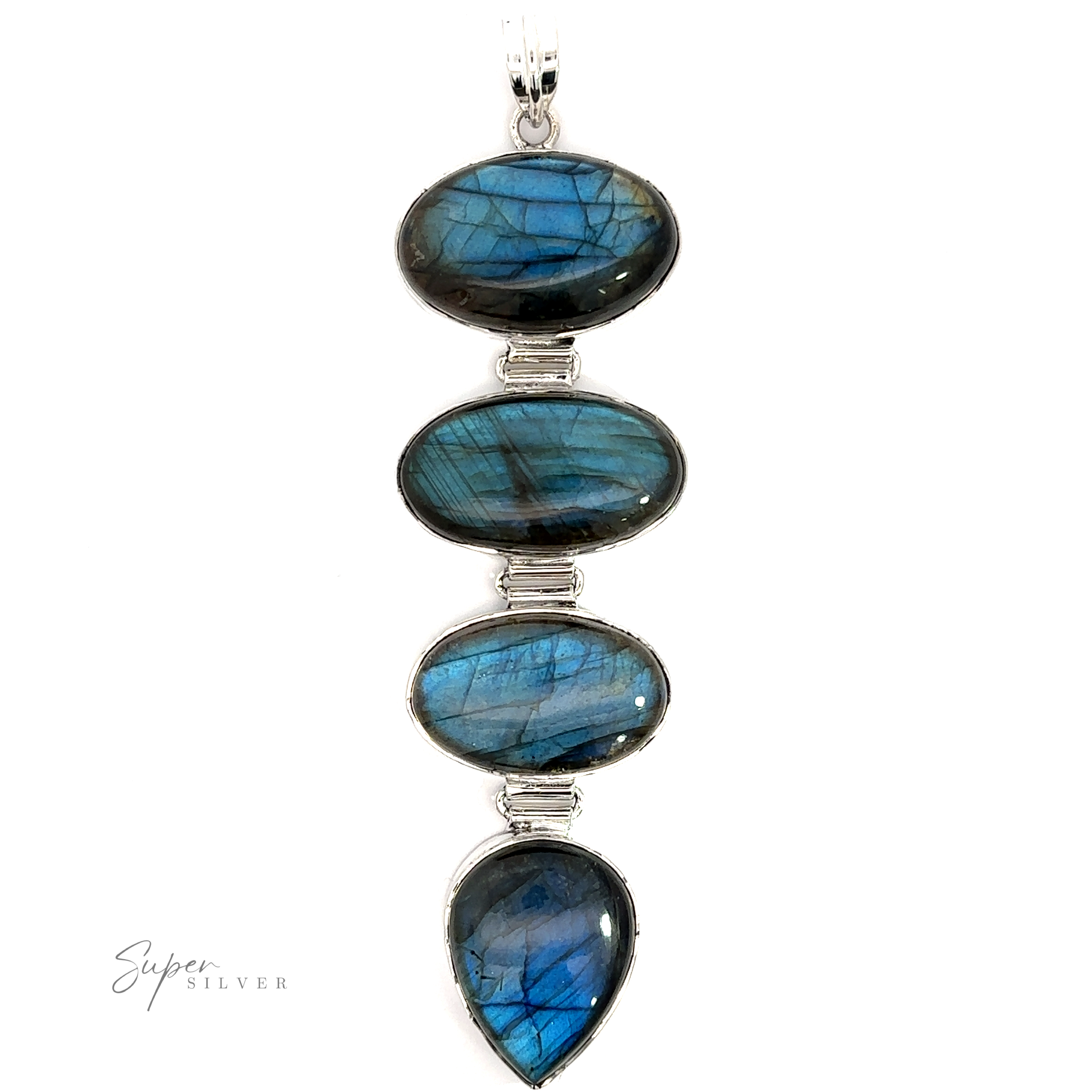 An enchanting Tiered Statement Labradorite Pendant necklace adorned with three mesmerizing labradorite stones.