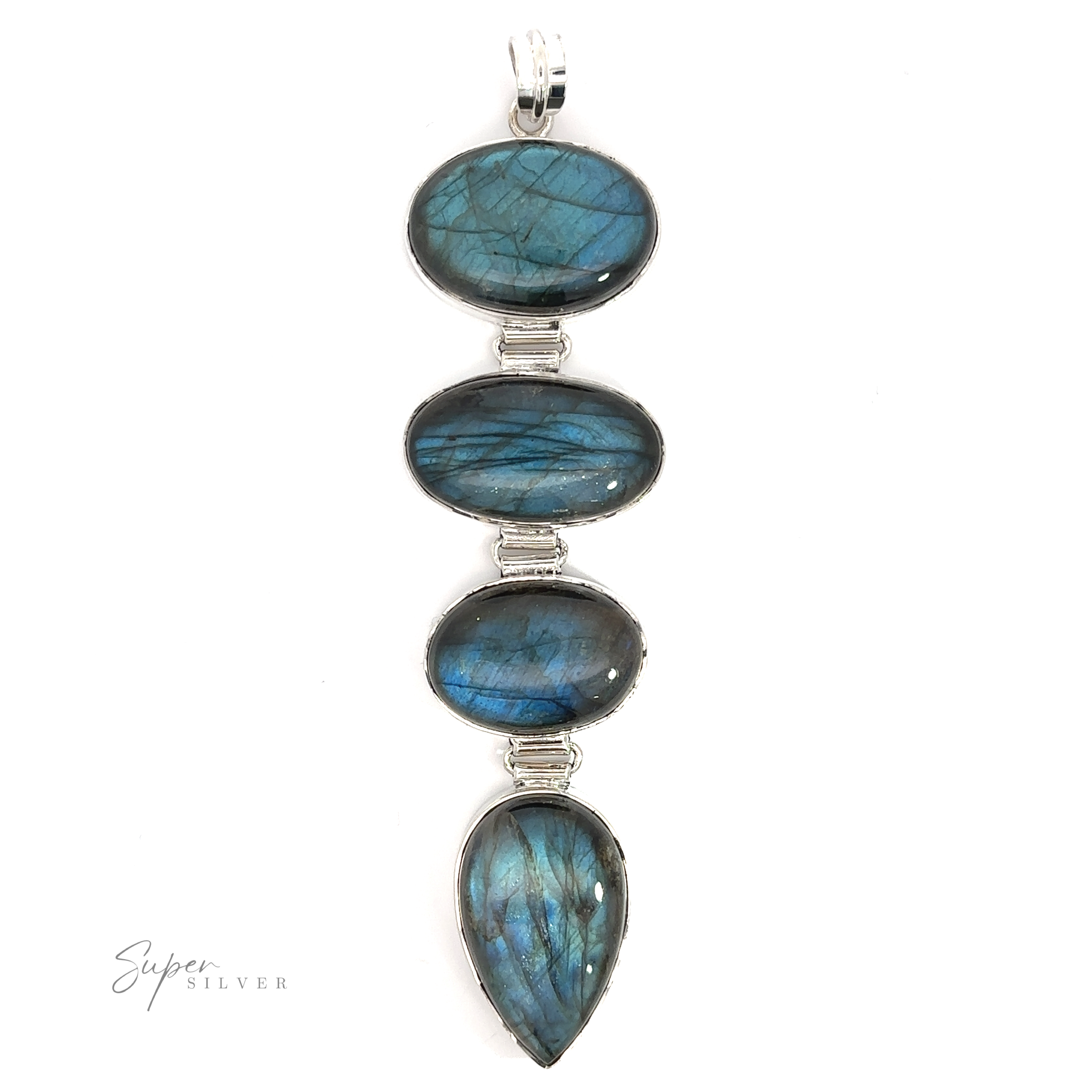Three Tiered Statement Labradorite Pendants make a statement on a white background.