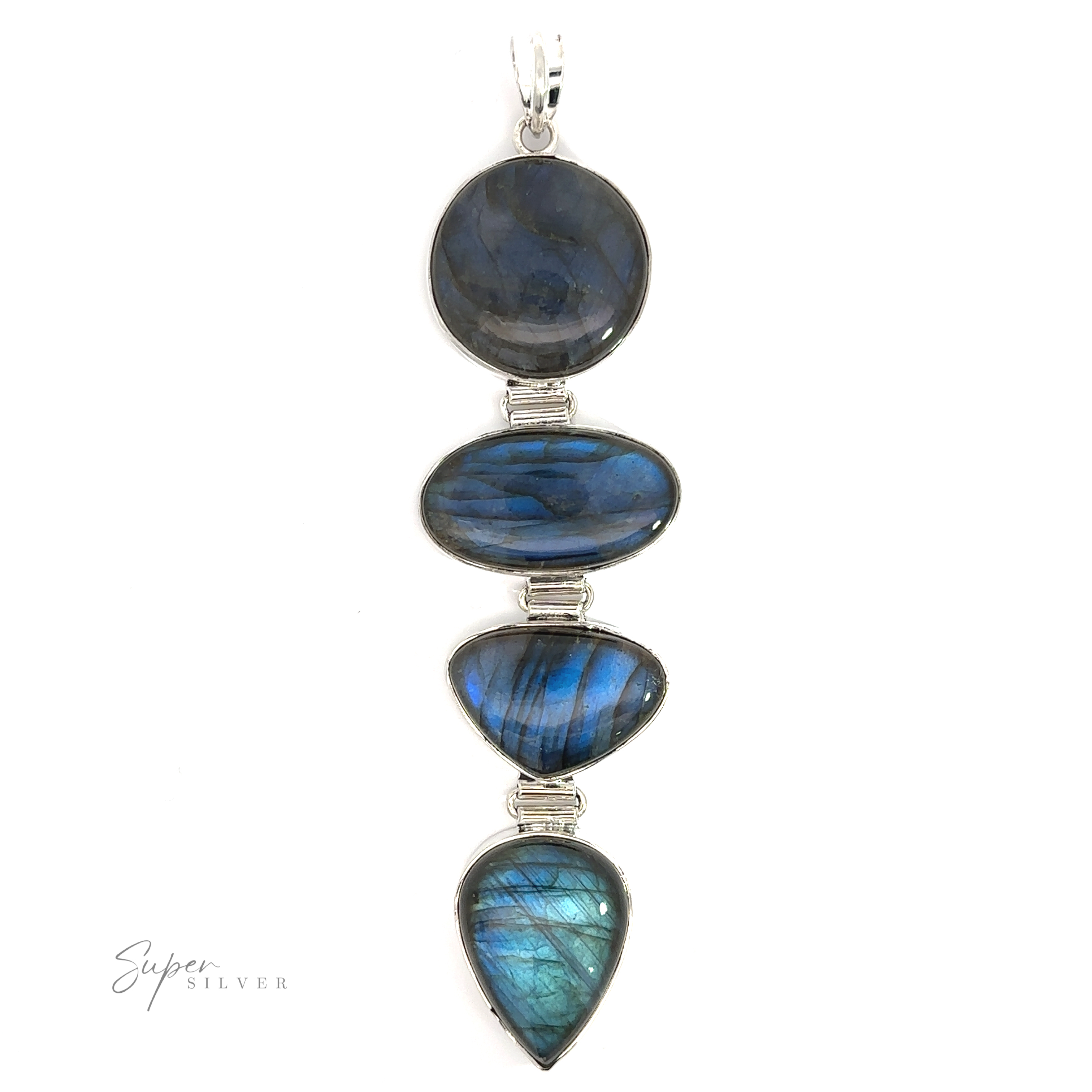 Three Tiered Statement Labradorite Pendants on a white background.