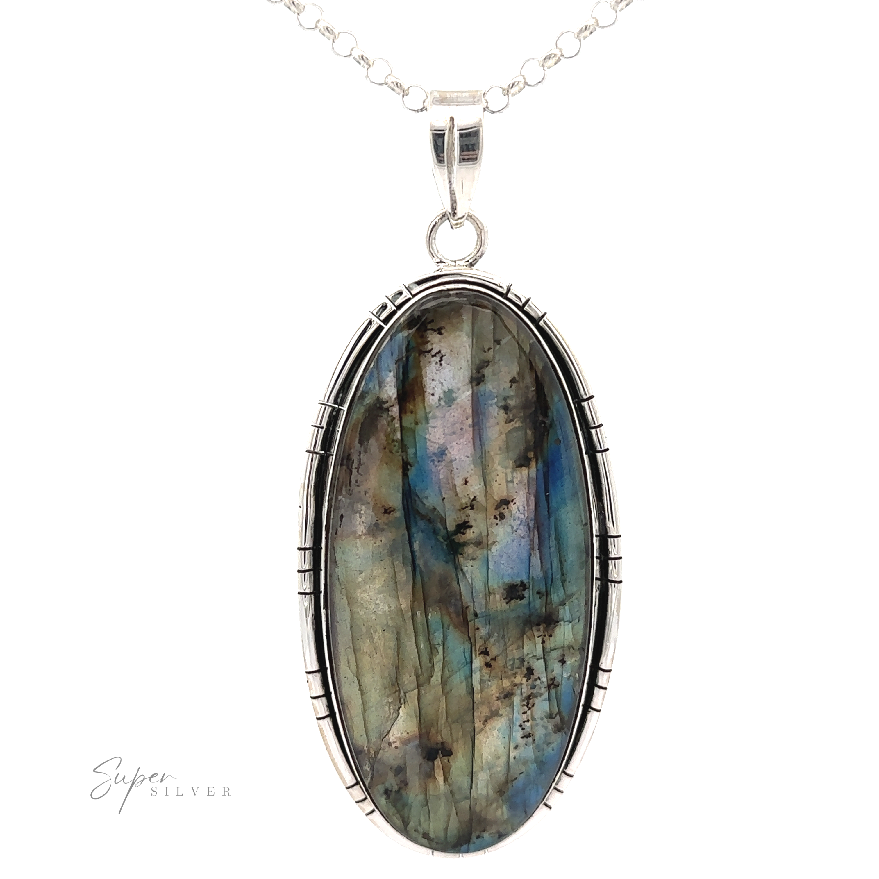 An XL Statement Oval Labradorite Pendant in a sterling silver setting hangs from a silver chain, making it one of the most eye-catching statement pendants in any collection.