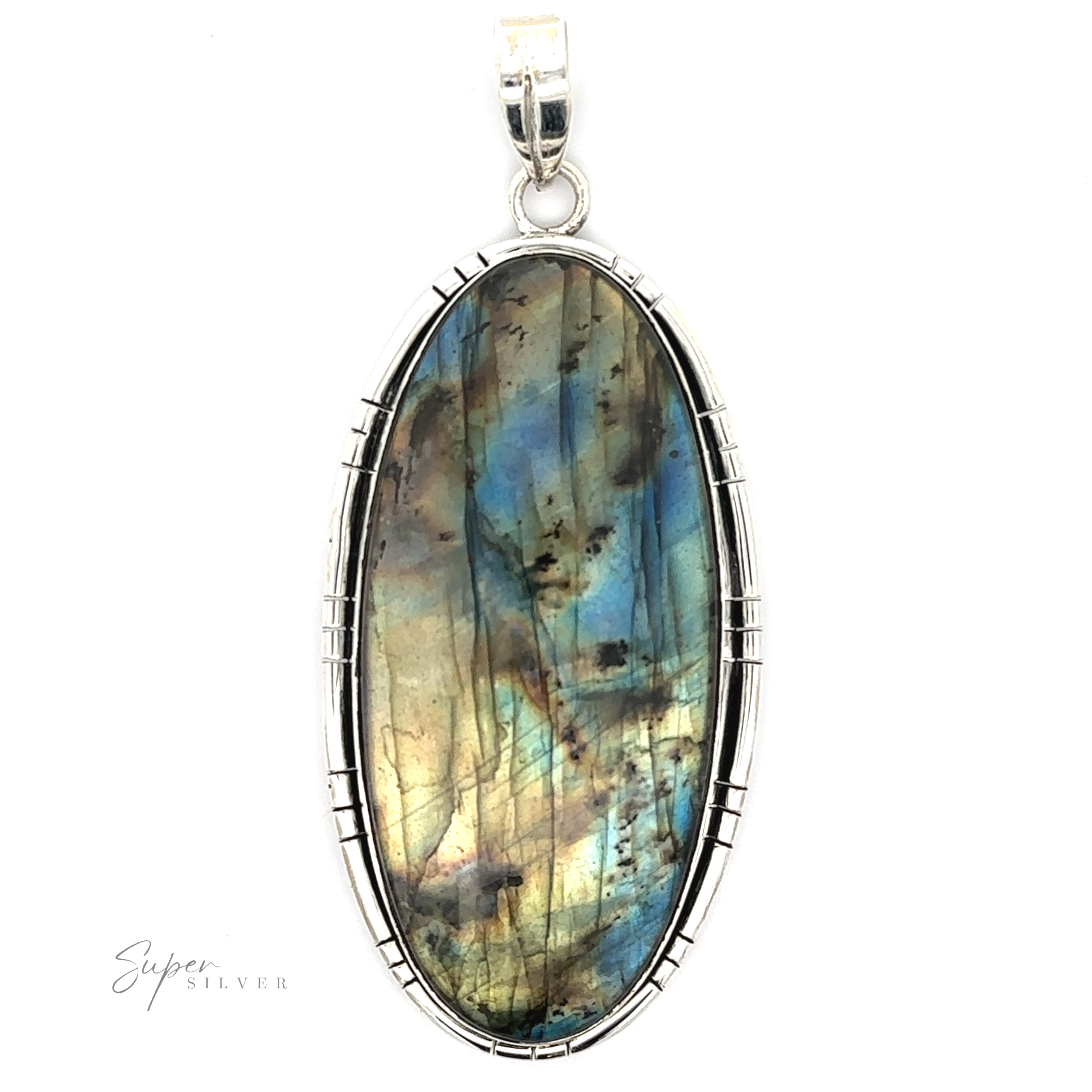 An XL Statement Oval Labradorite Pendant with a sterling silver frame and bail, featuring iridescent shades of blue, green, and yellow. Ideal for those who love statement pendants.