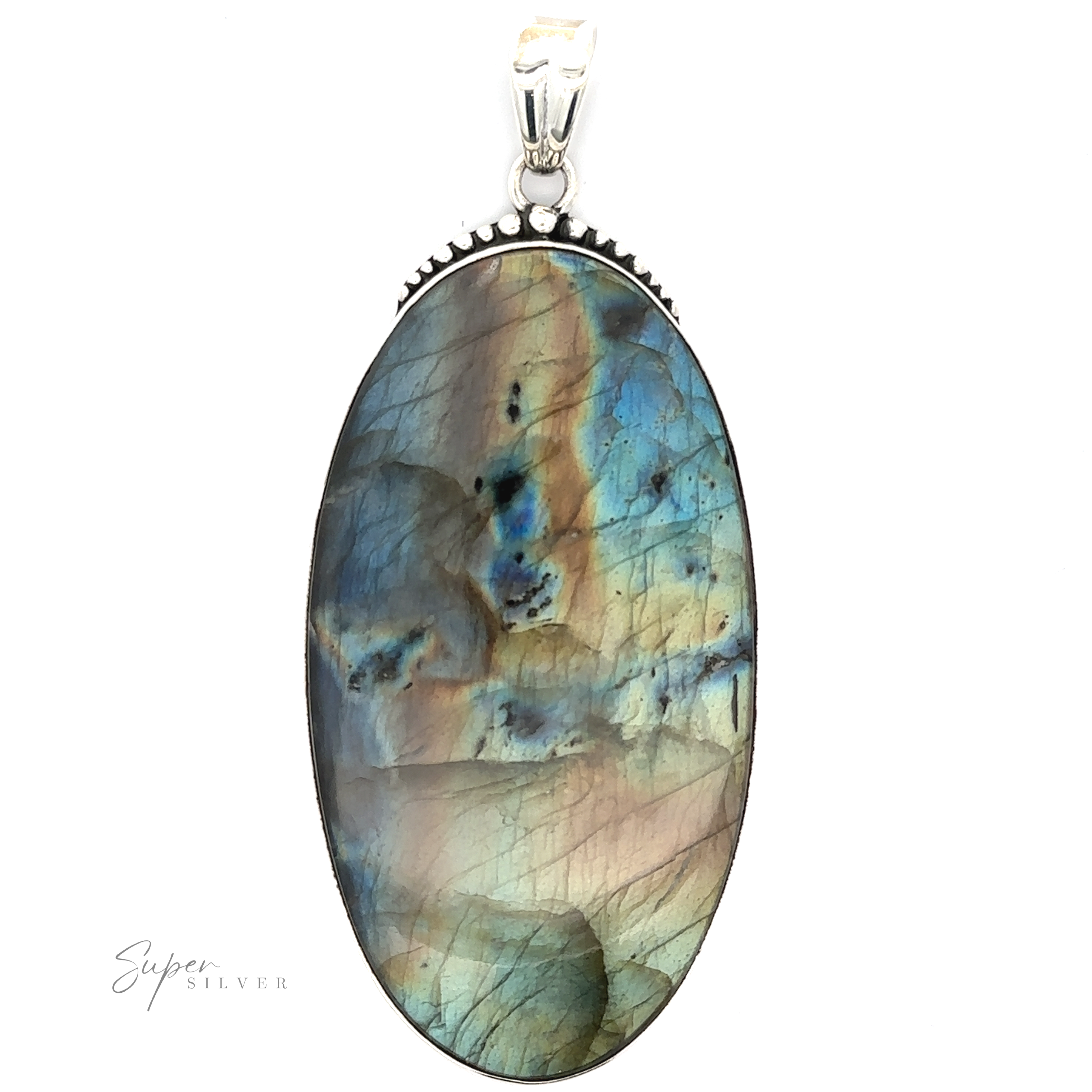 XL Statement Oval Labradorite Pendants set in sterling silver, featuring a blue and green iridescent sheen with black inclusions and a decorative bail at the top for attachment, perfect for those who appreciate statement pendants.