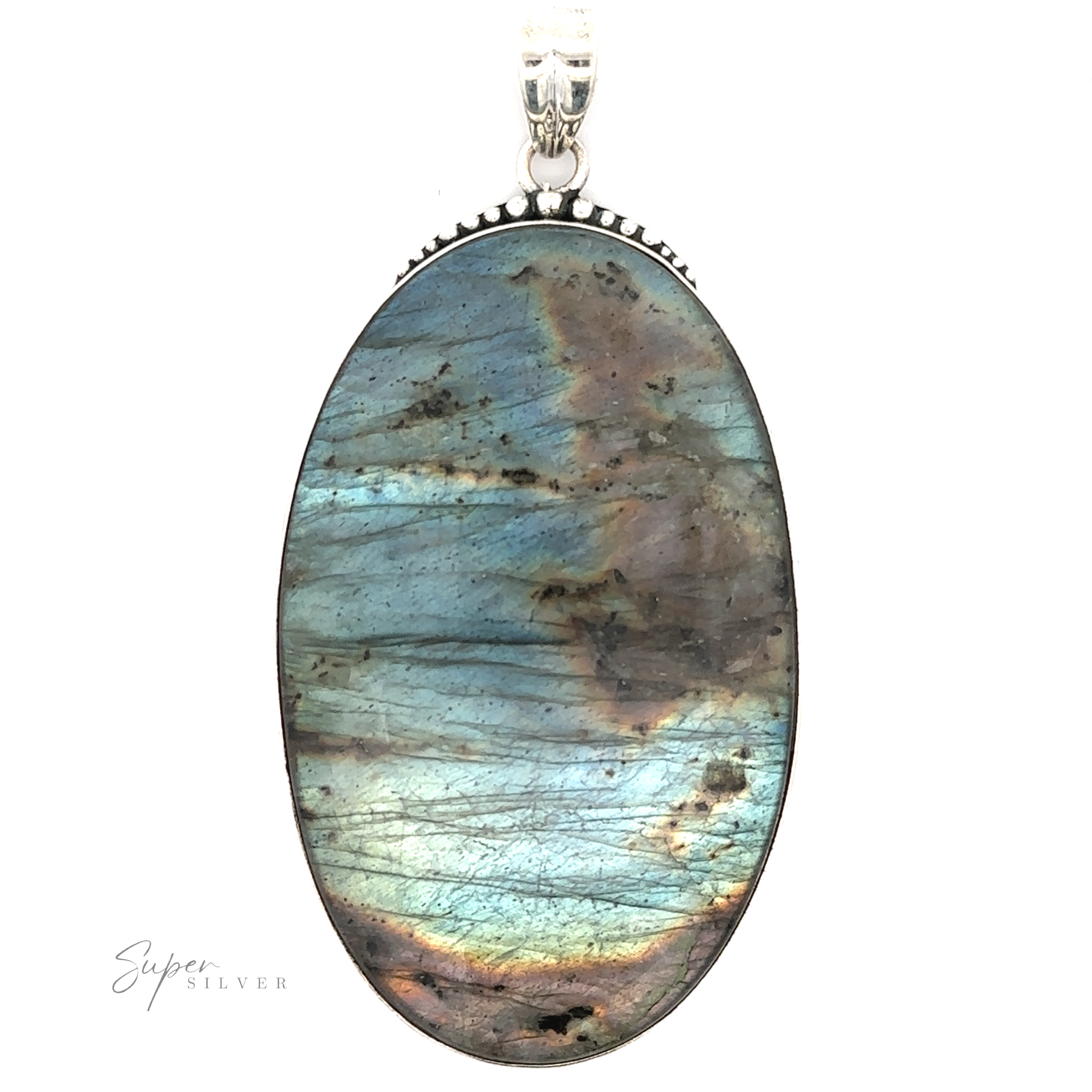 A stunning **XL Statement Oval Labradorite Pendant** featuring an oval, iridescent labradorite stone encased in a sleek silver setting with a loop for a chain. The words "Super Silver" are inscribed in the bottom left corner, making this exquisite piece a standout addition to any Sterling Silver jewelry collection.