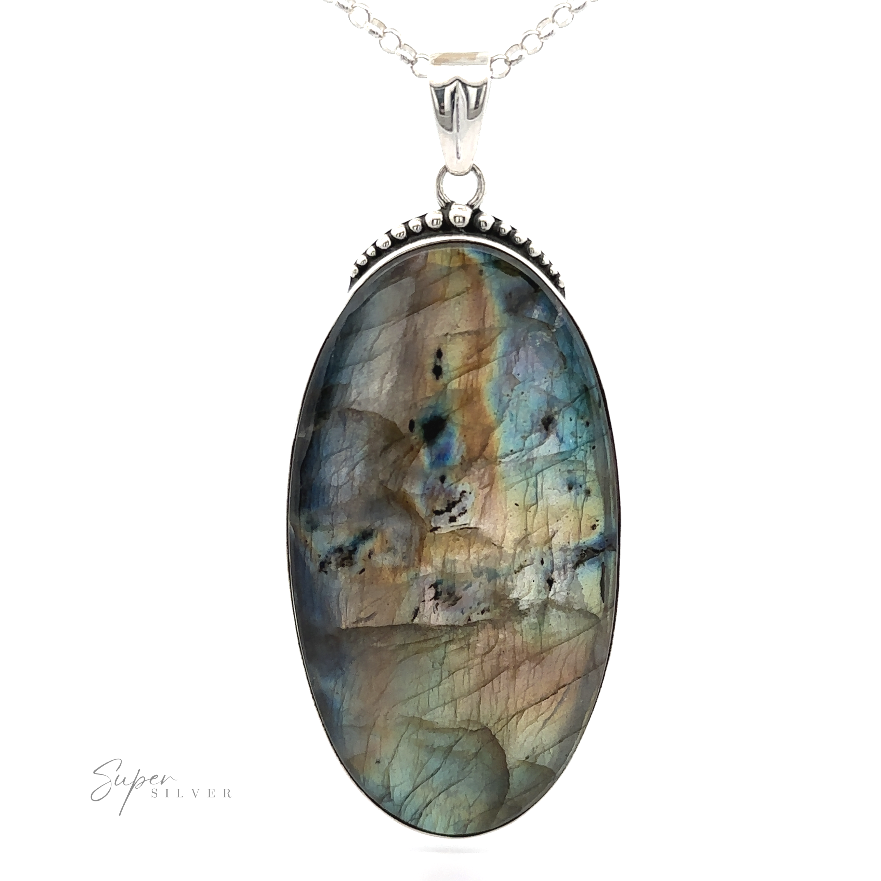 This stunning XL Statement Oval Labradorite Pendants with shades of blue and green is set in a silver bezel on a sterling silver chain, making it a perfect addition to any collection of statement pendants.