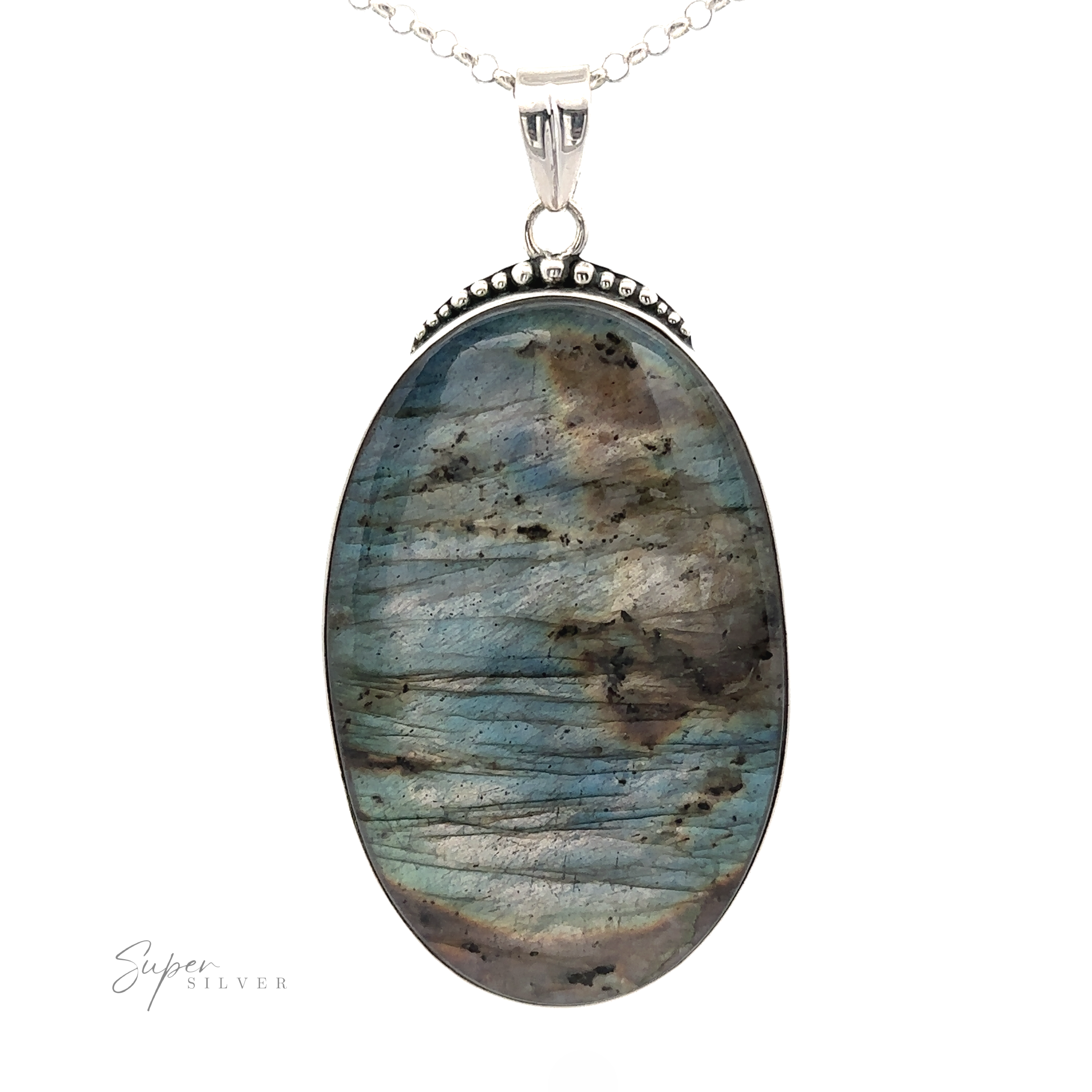 A XL Statement Oval Labradorite Pendant featuring blue and green hues, set in a sterling silver frame and hanging from a delicate silver chain.
